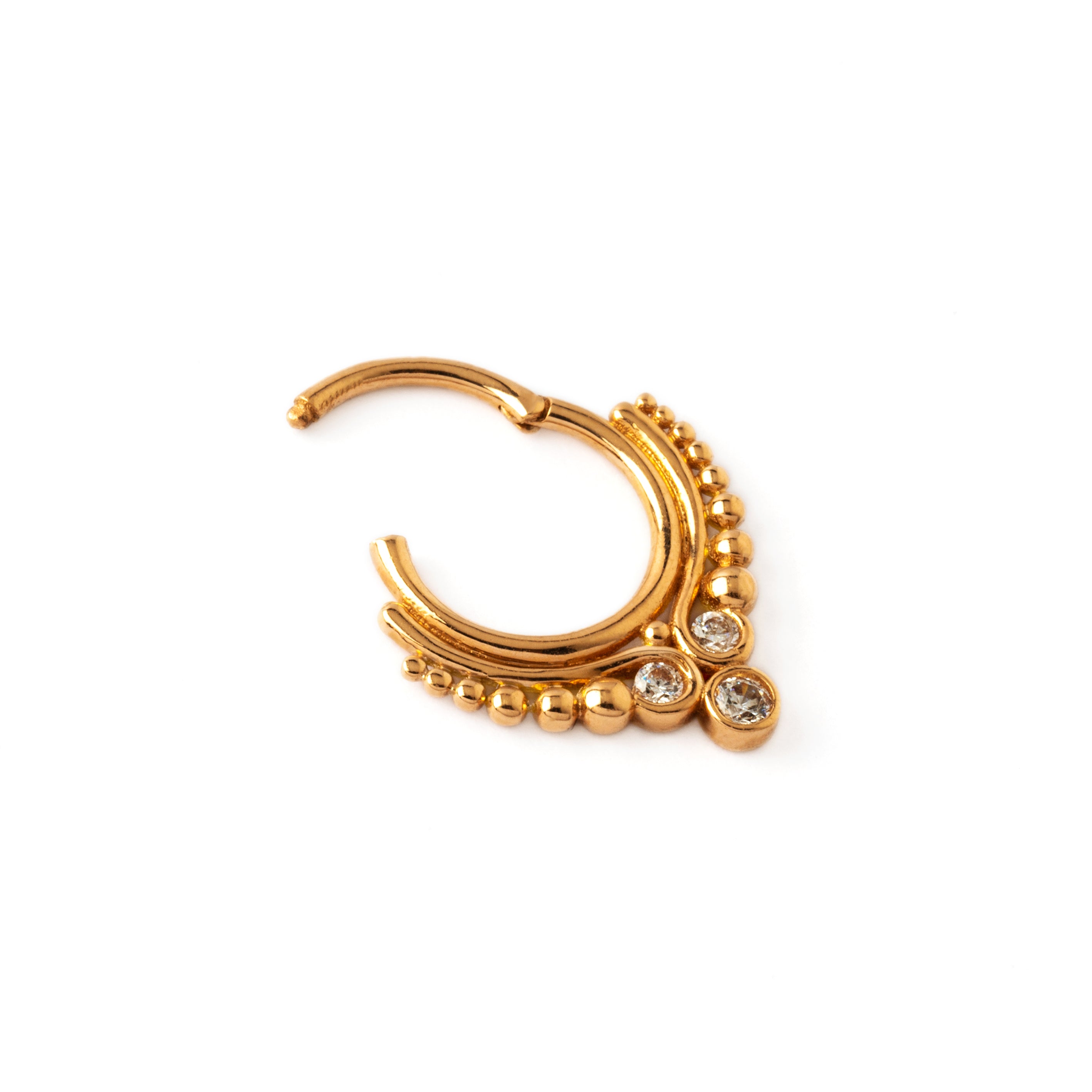 14K Rose Gold Maharani septum clicker with trio CZ click on closure view