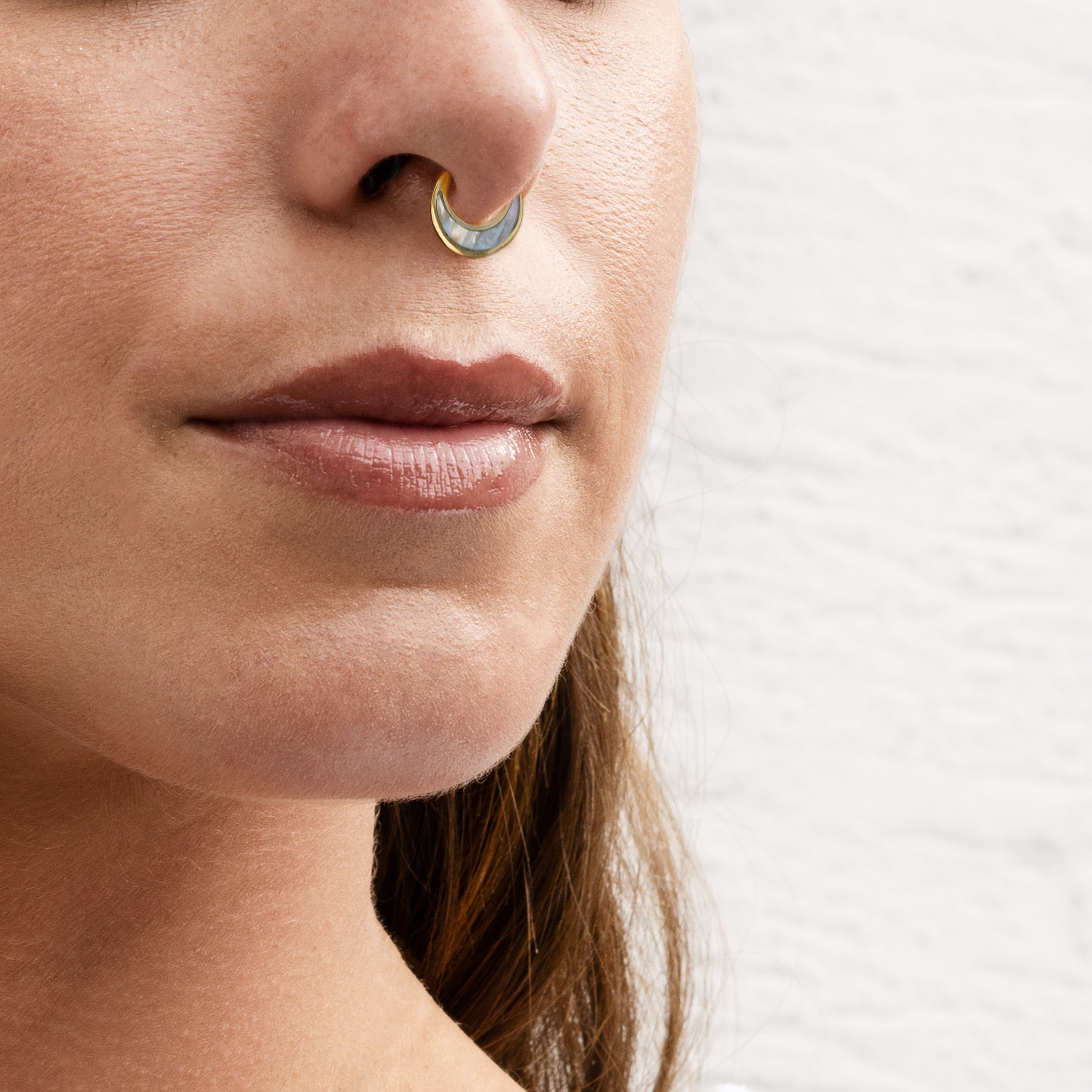 model wearing Aanya Mother of Pearl Septum