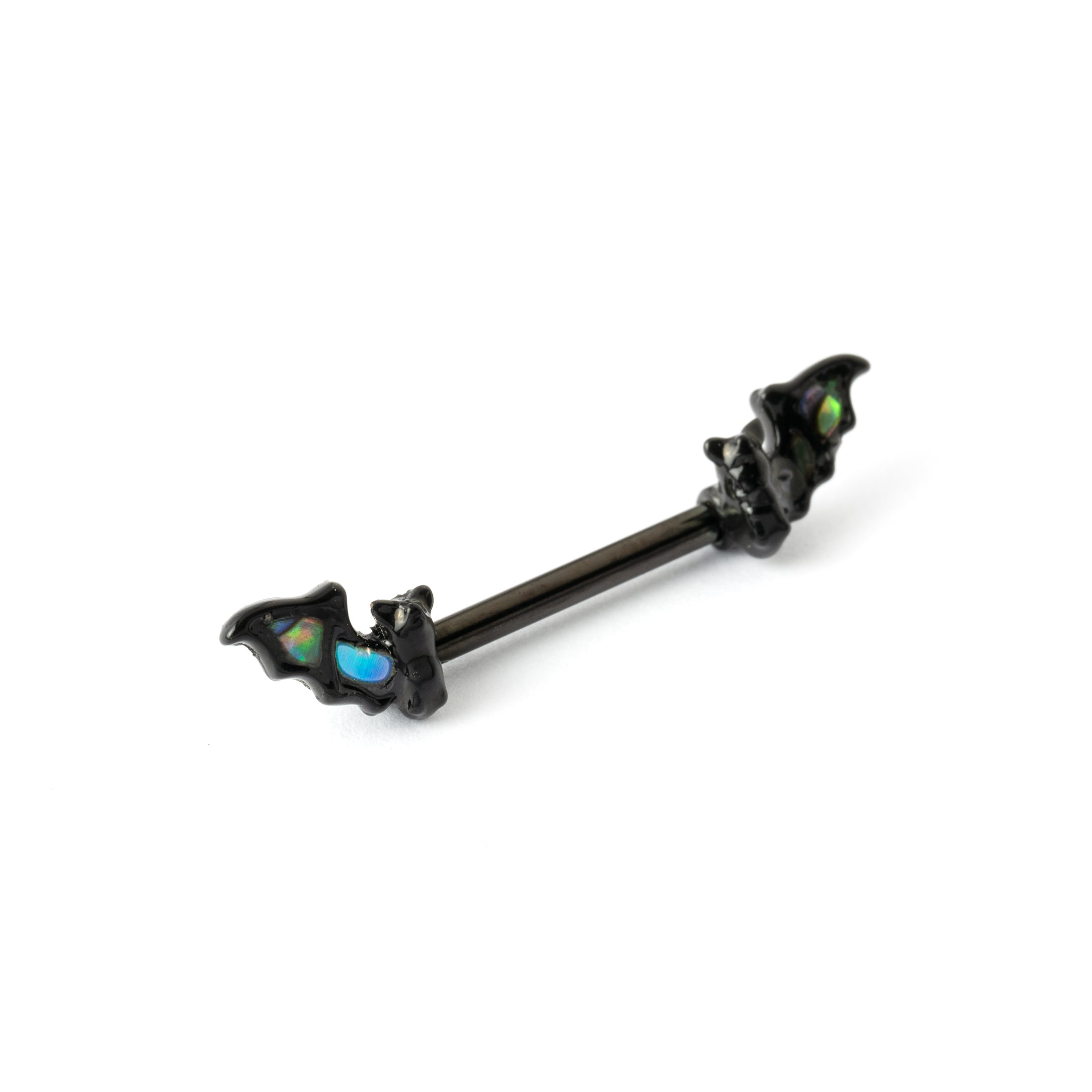 Black Bat Wing Barbell with Abalone nipple ring left side view