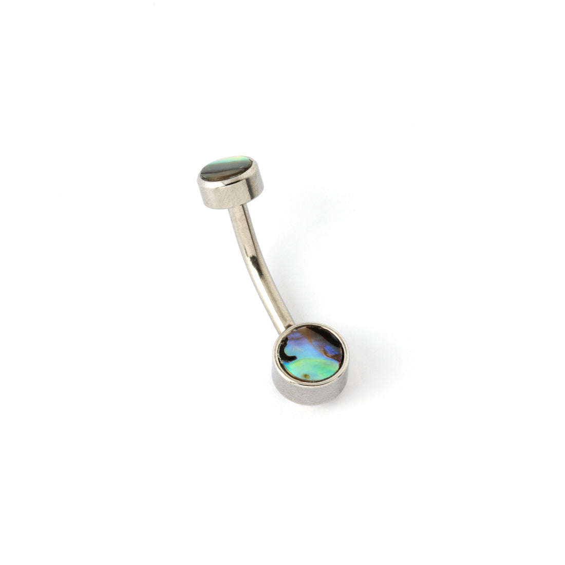 surgical steel navel bar with two abalone discs on the top and the bottom side view