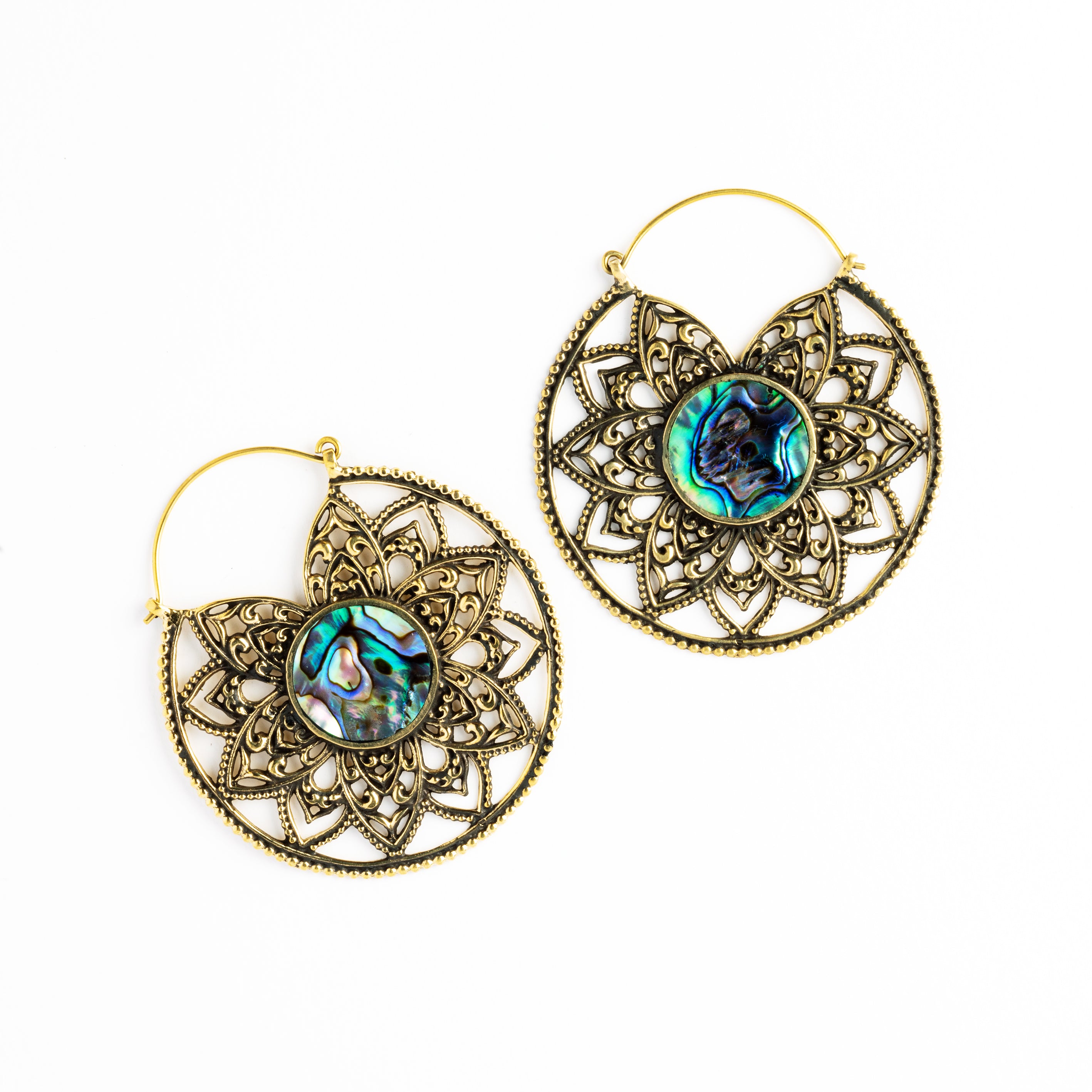 pair of golden brass large lotus open mandala earrings with centred abalone frontal view