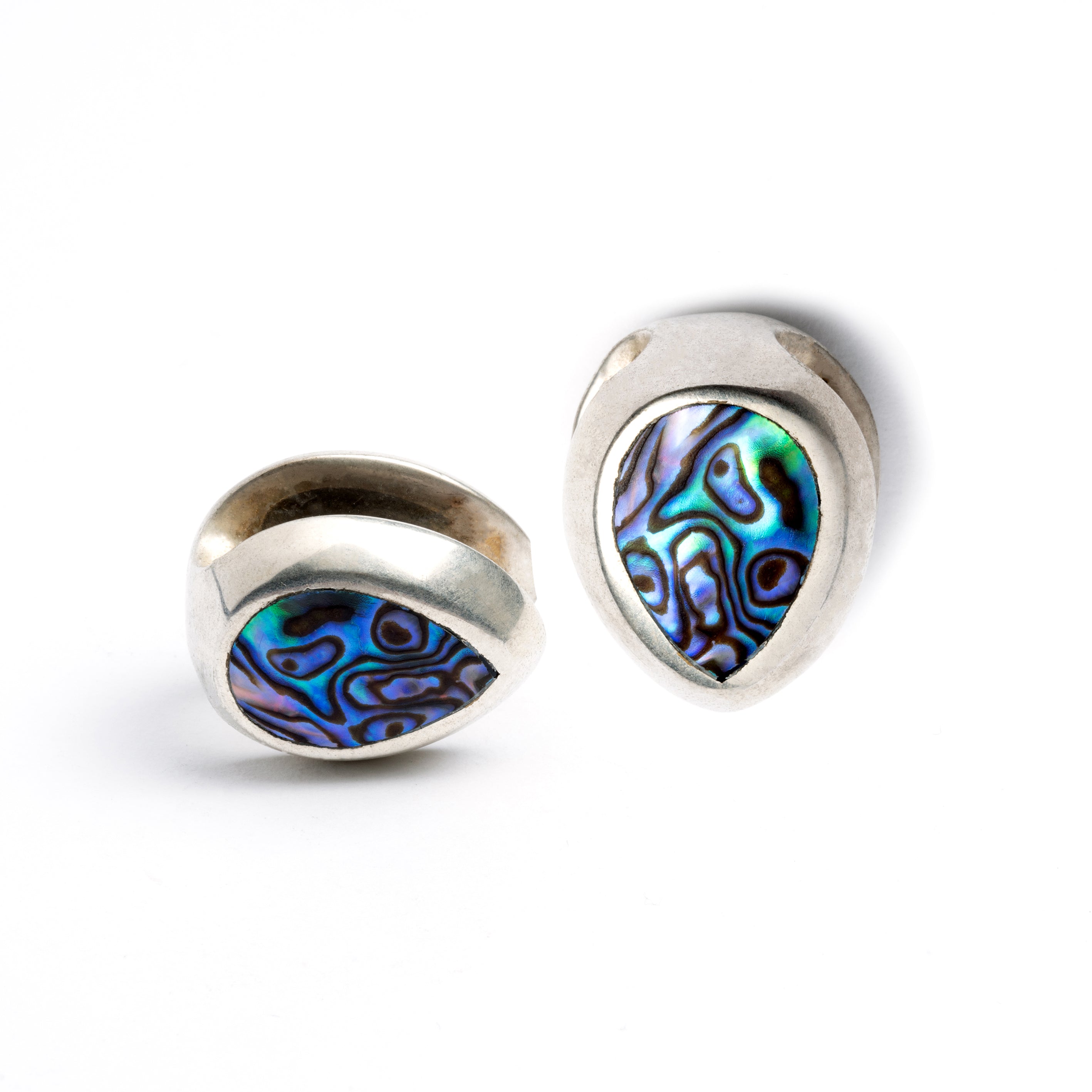 pair of silver teardrop ear saddles with abalone front and side view