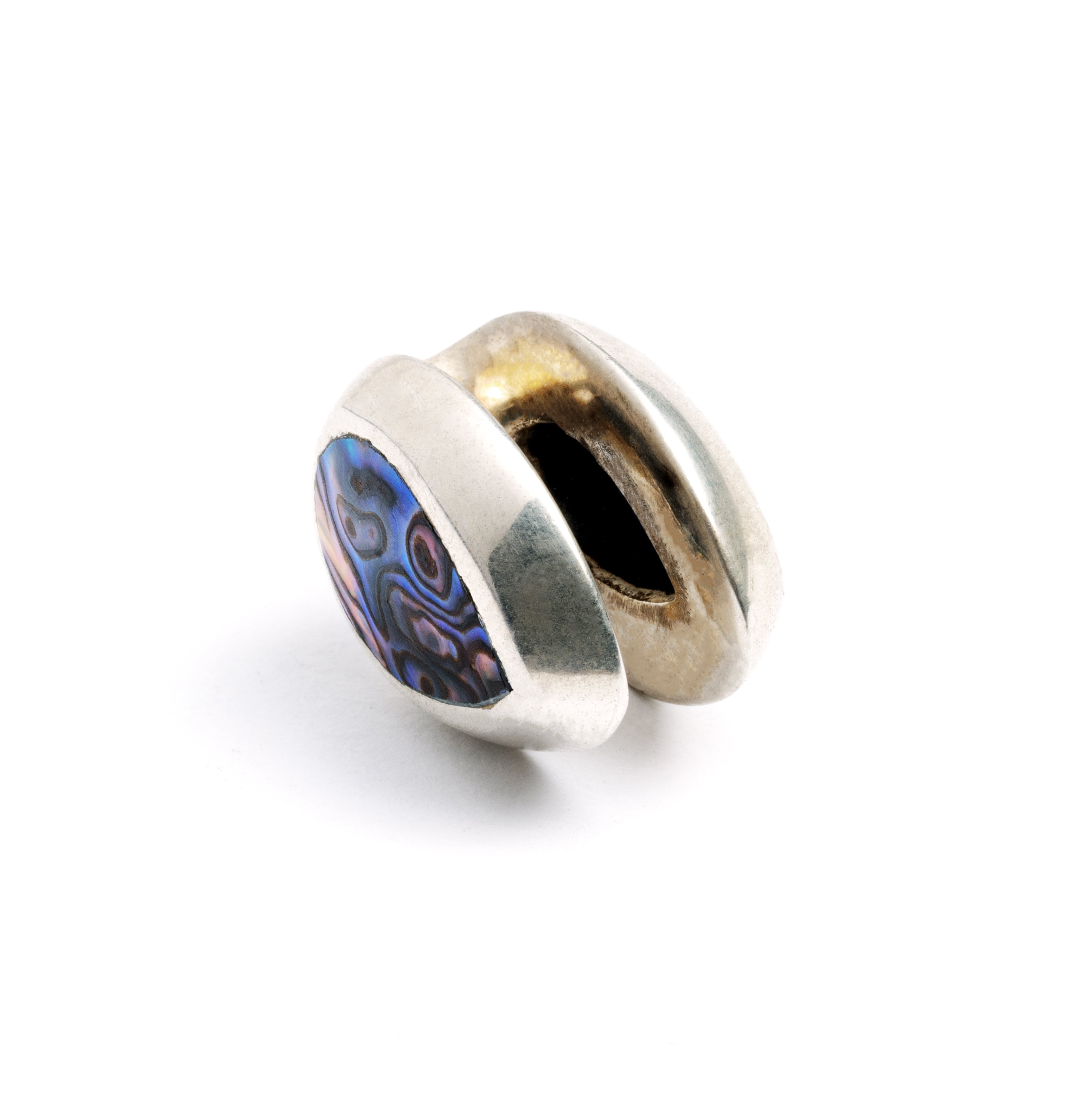 single silver teardrop ear saddle with abalone left side view