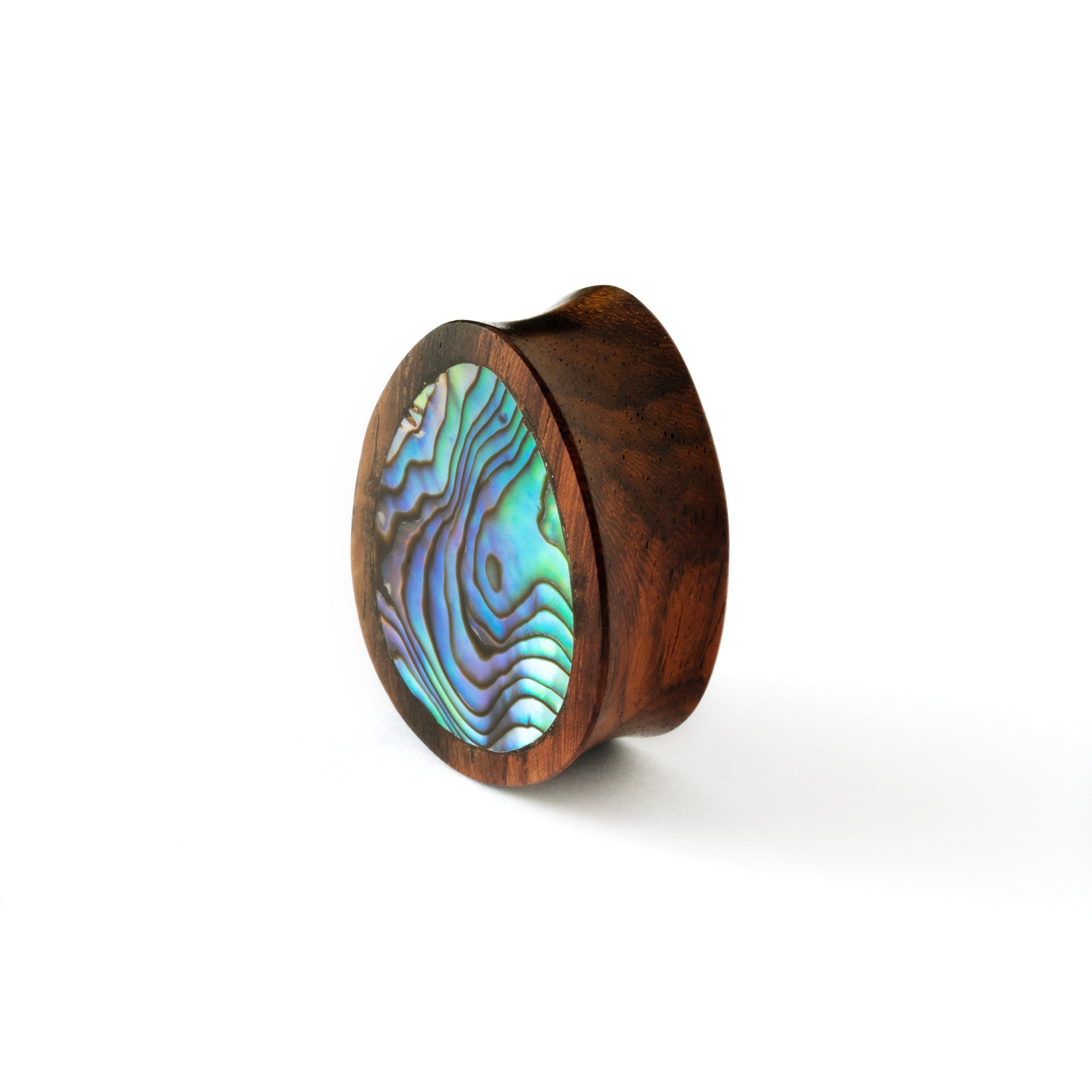 single ebony wood ear plug teardrop shaped with abalone inlay left side view