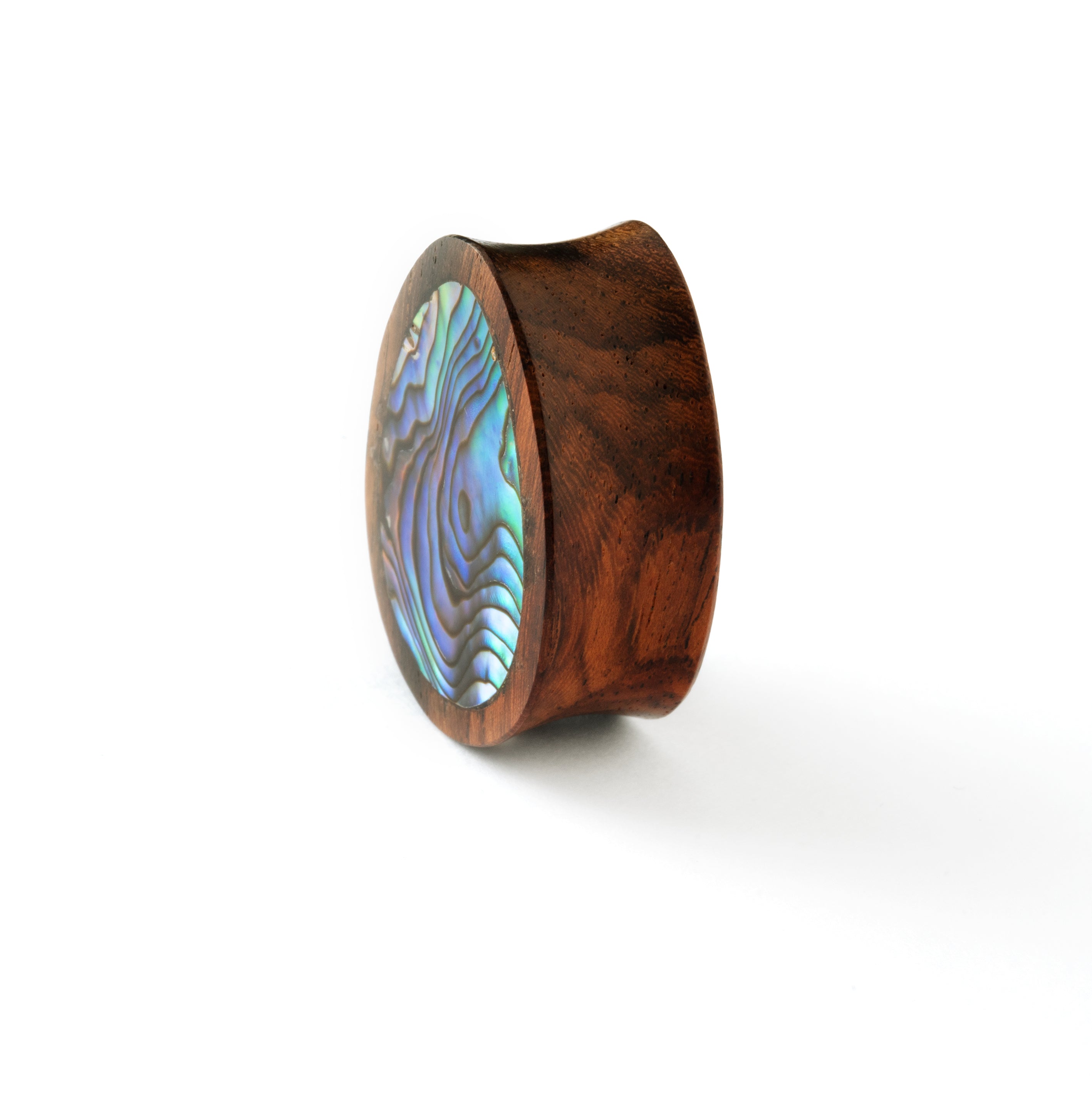 single ebony wood ear plug teardrop shaped with abalone inlay side view