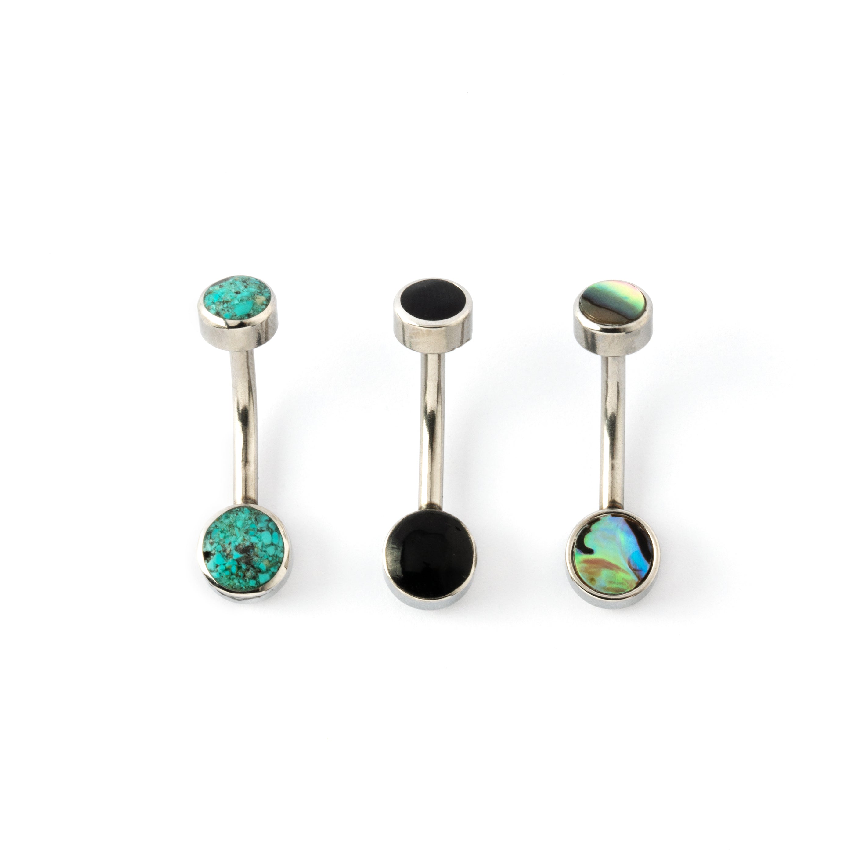 collection of surgical steel navel bars with turquoise, abalone and black shell