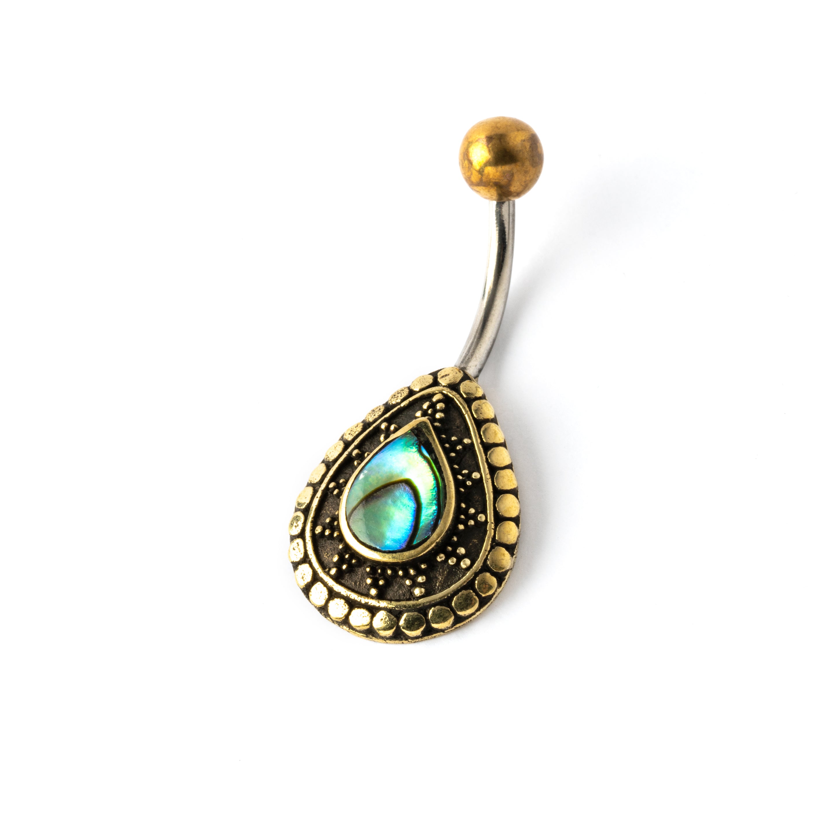 gold brass teardrop shaped belly piercing with centred abalone shell right side view