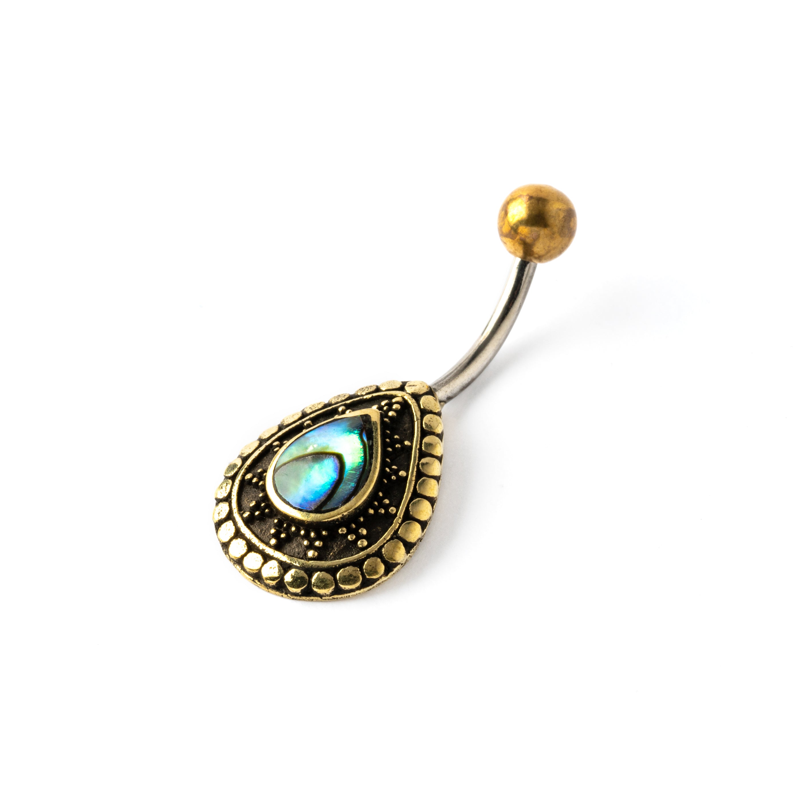 gold brass teardrop shaped belly piercing with centred abalone shell side view