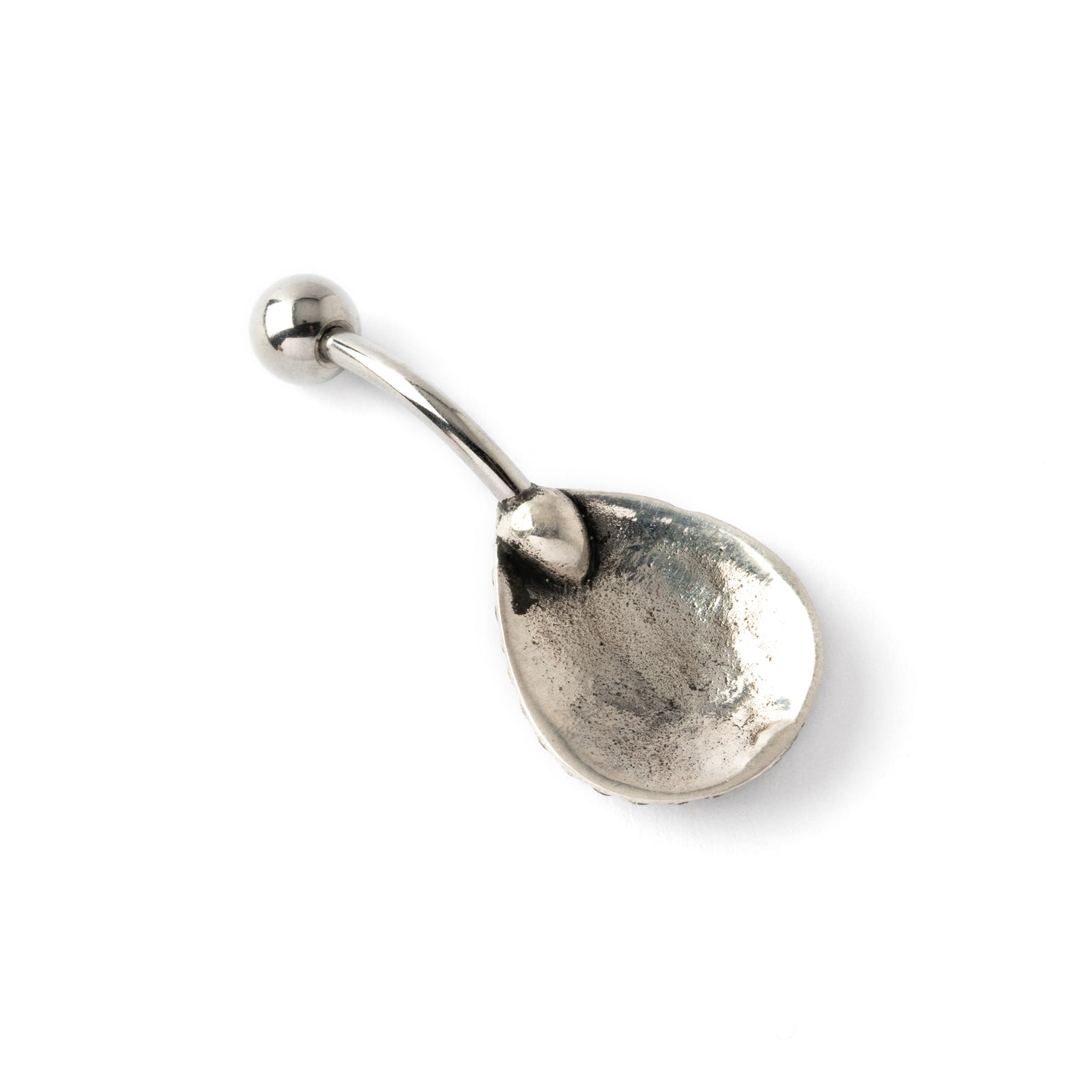 silver teardrop shaped belly piercing with centred abalone shell back side view