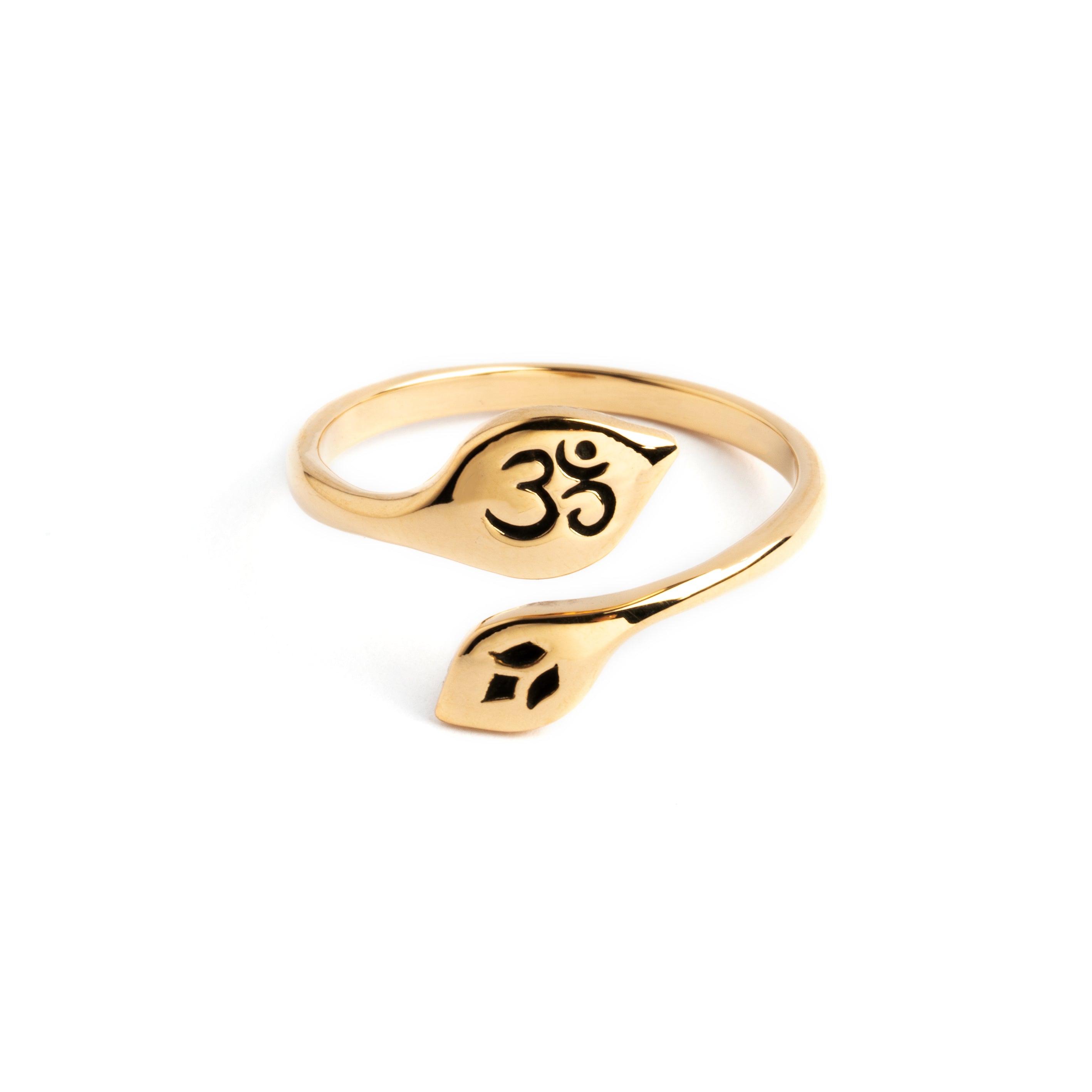 Adjustable Bronze Om and Leaf Ring frontal view