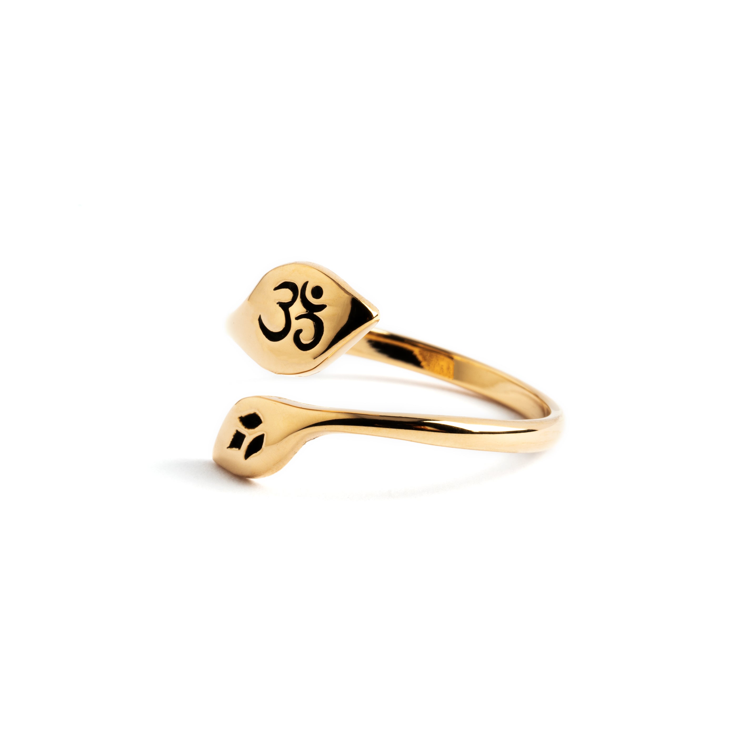 Adjustable Bronze Om and Leaf Ring left side view