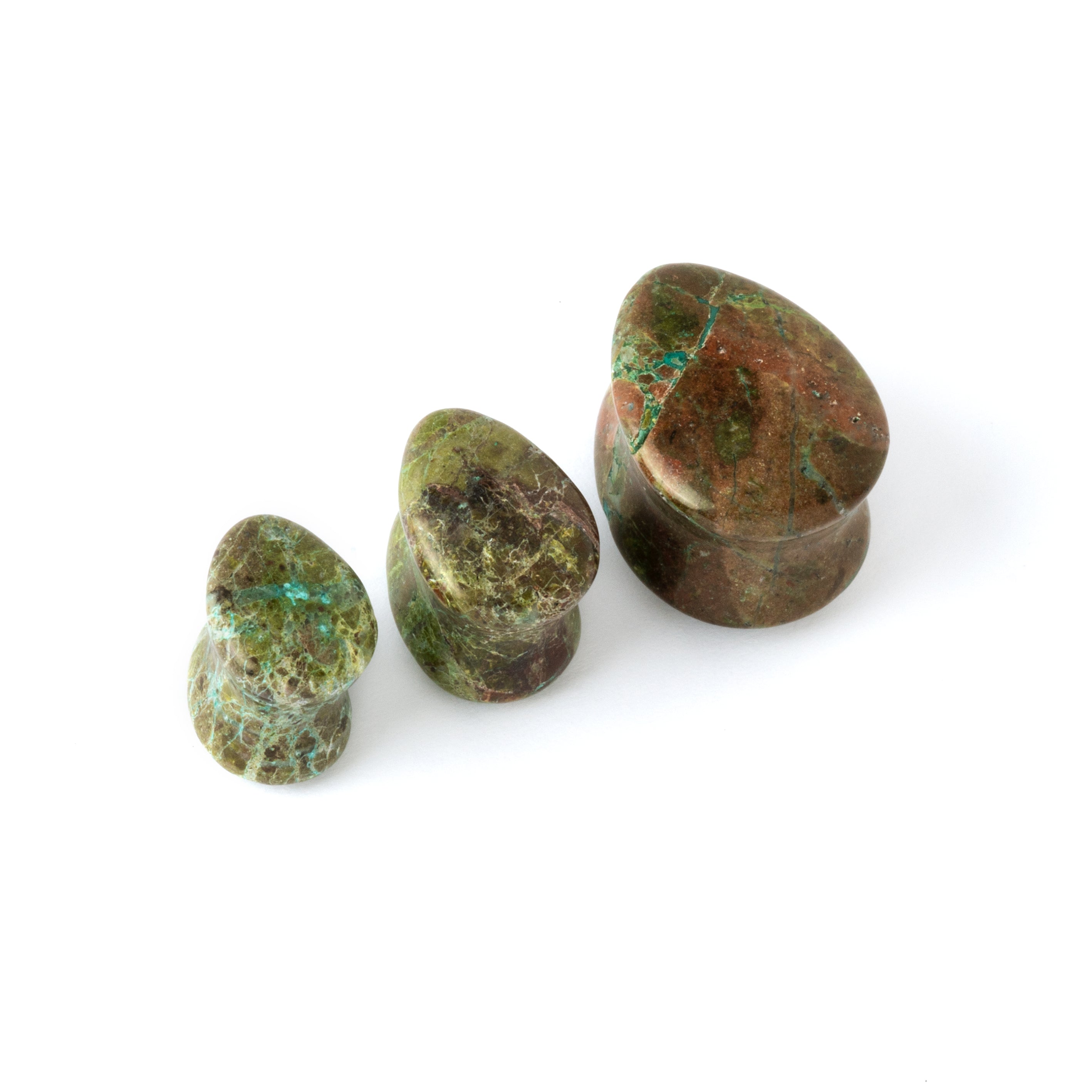 three sizes of African green jade teardrop plugs with double flared ends side view