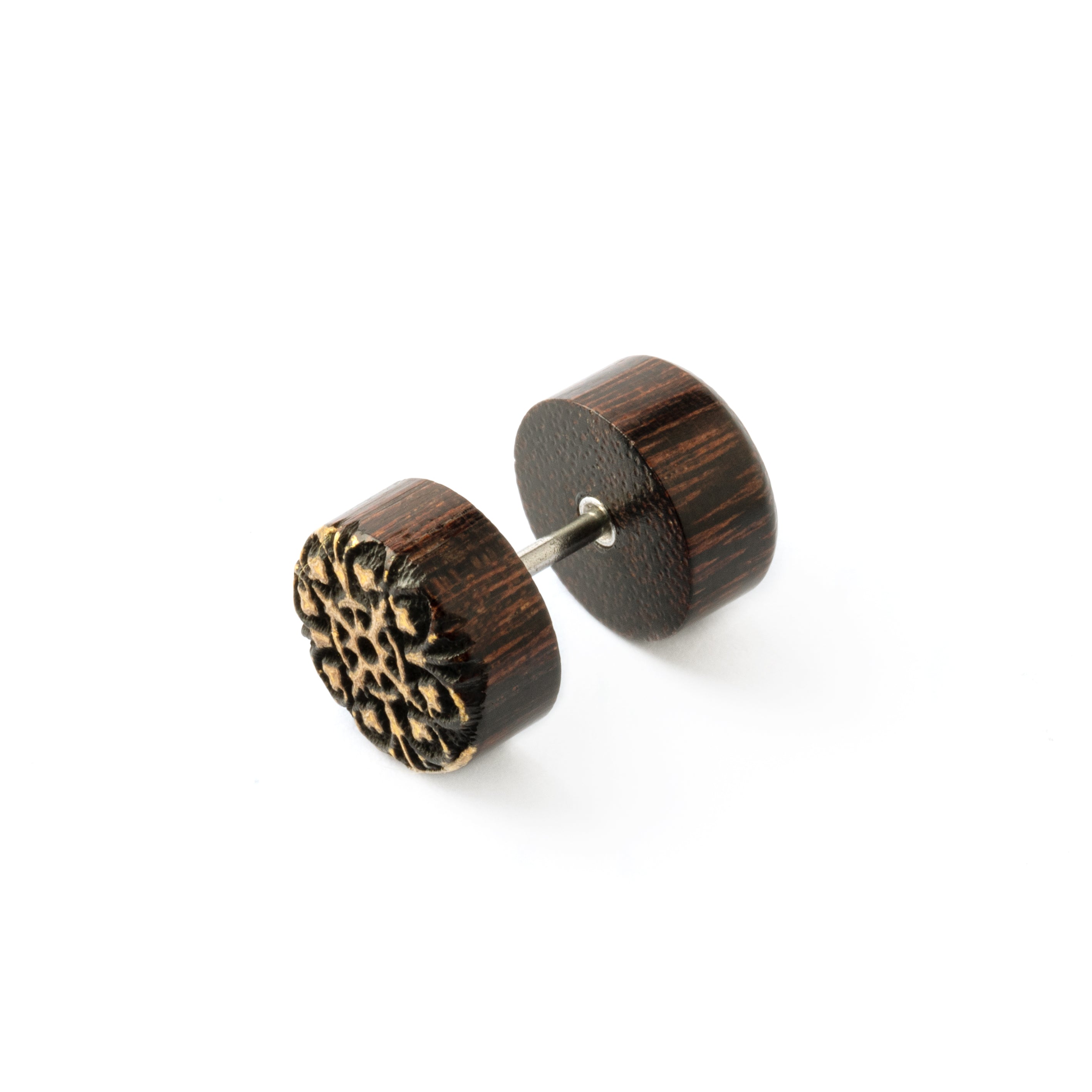 single Aicha wood fake plug earring left side view