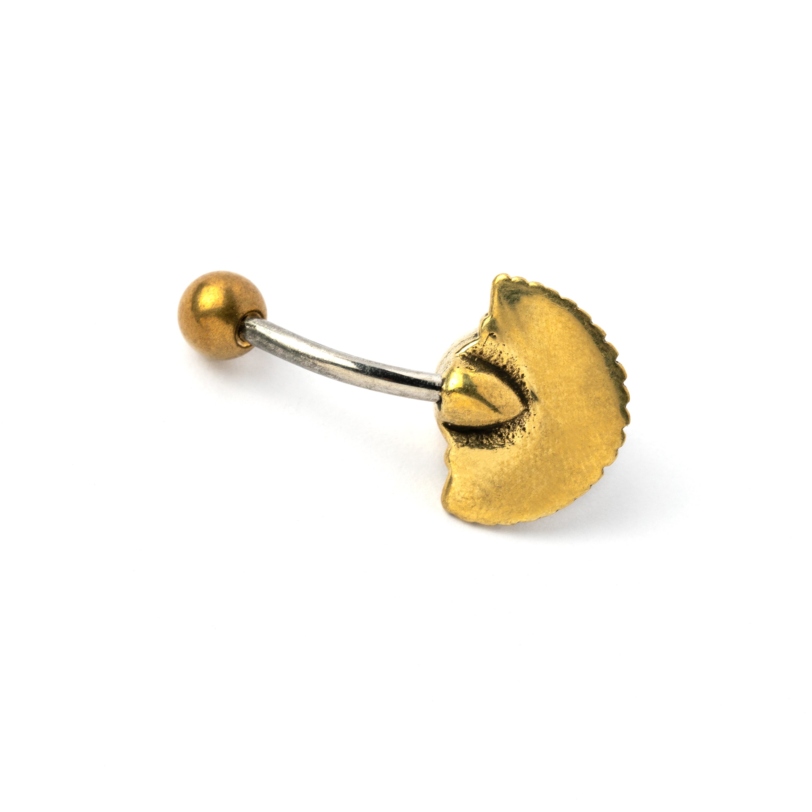 Amana golden brass fan shaped belly piercing with centred Amethyst back side view