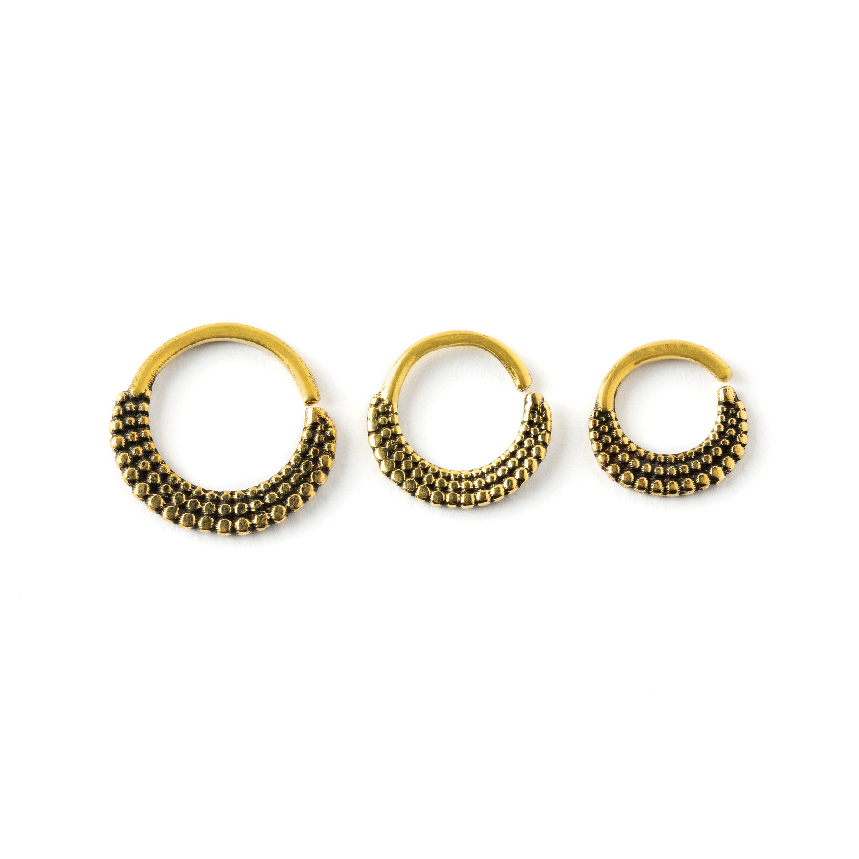 6mm, 8mm, 10mm Ameya golden brass tribal septum rings frontal view