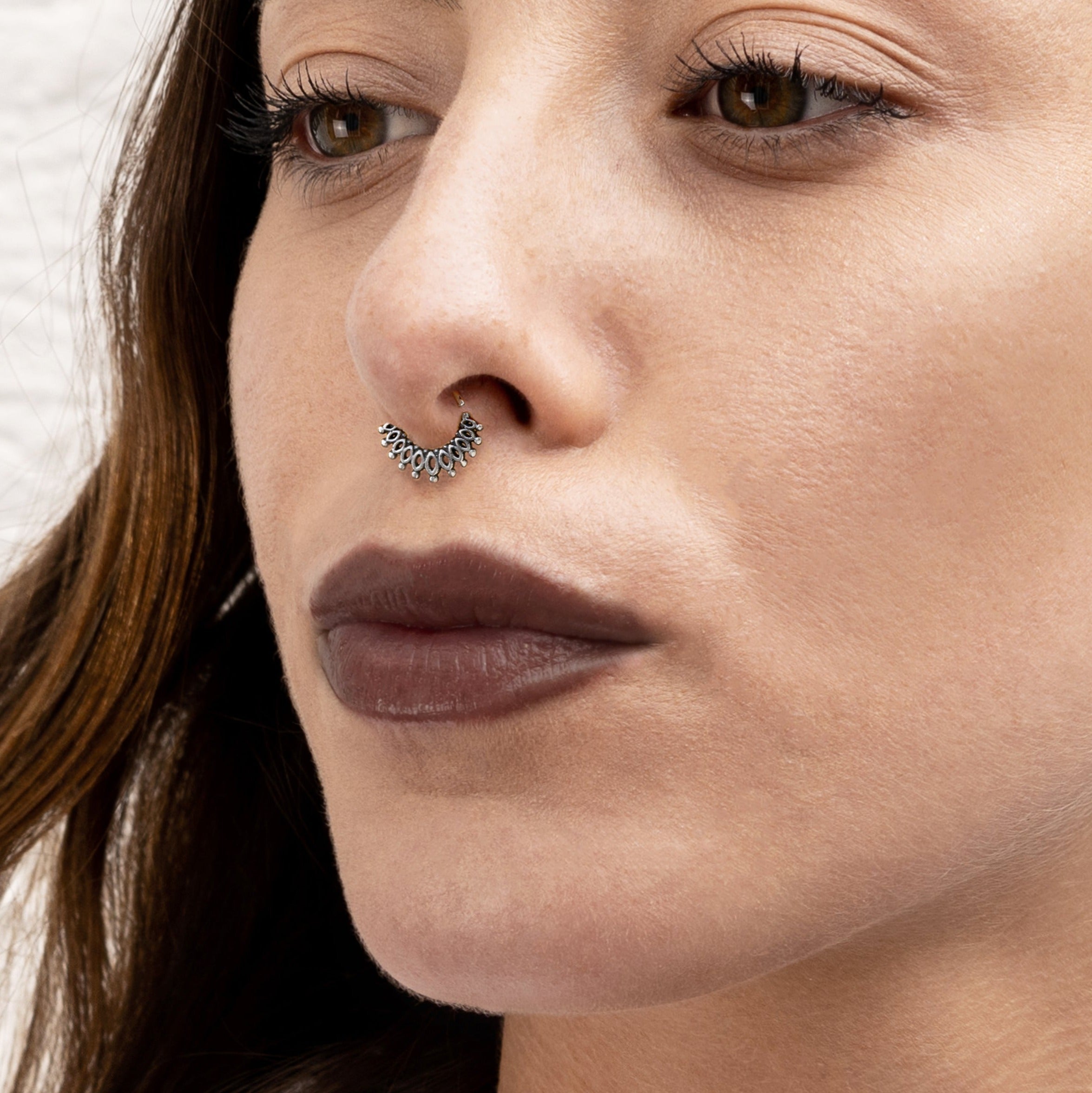 model wearing Anastasia Silver Septum Ring