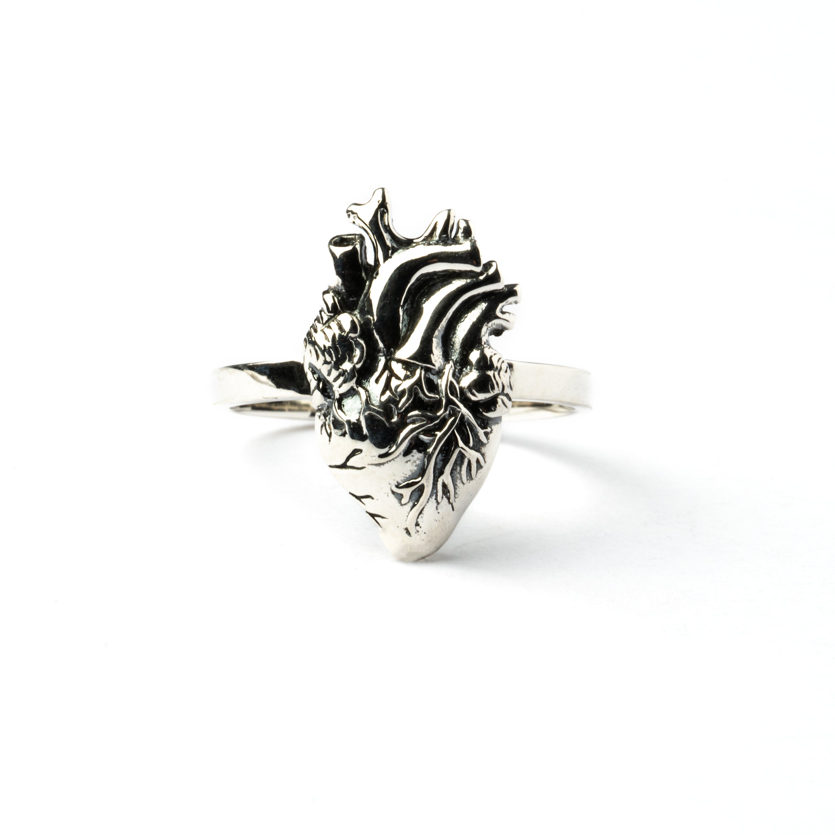 Silver Anatomic Heart Ring frontal view