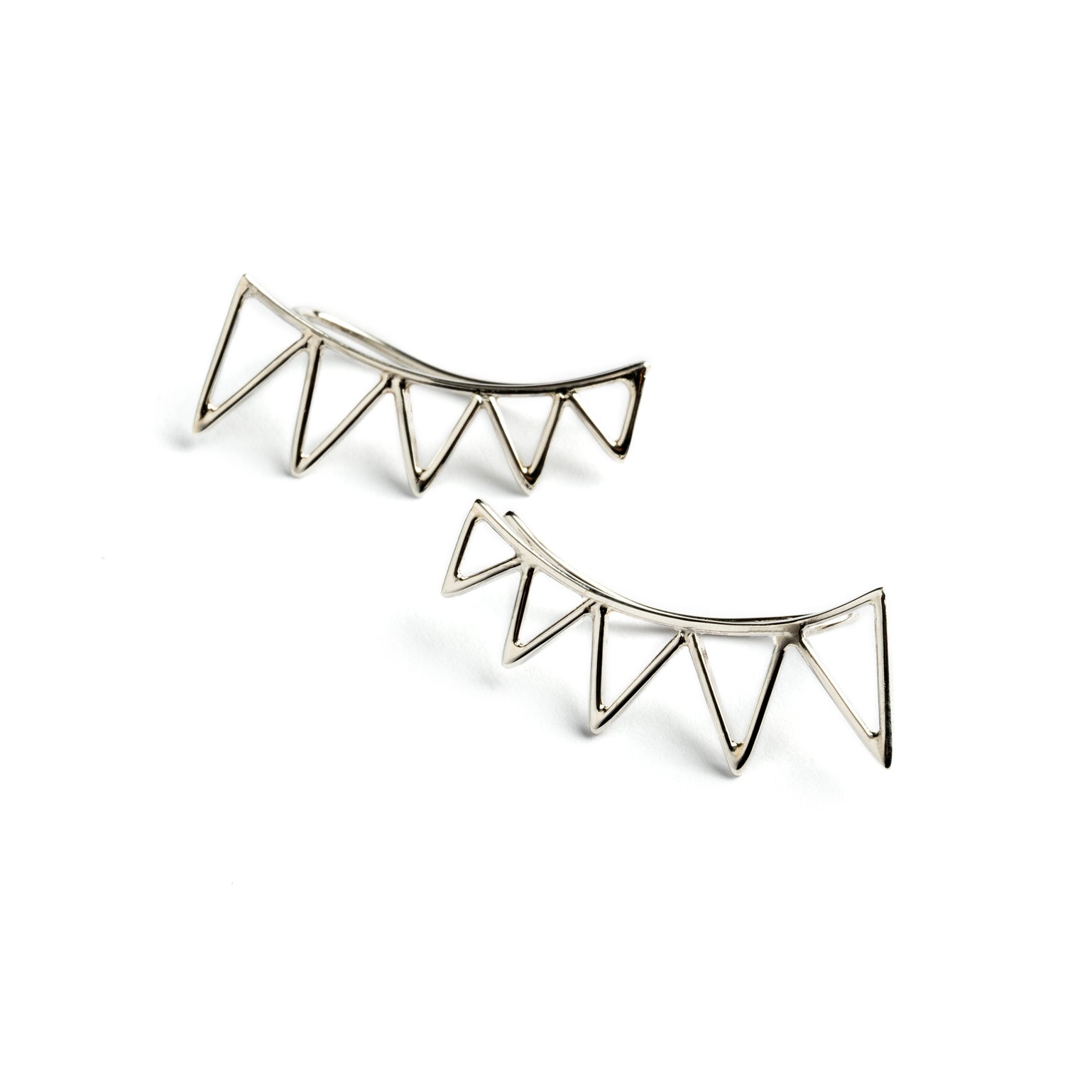Pair of sterling silver triangles ear climbers frontal view
