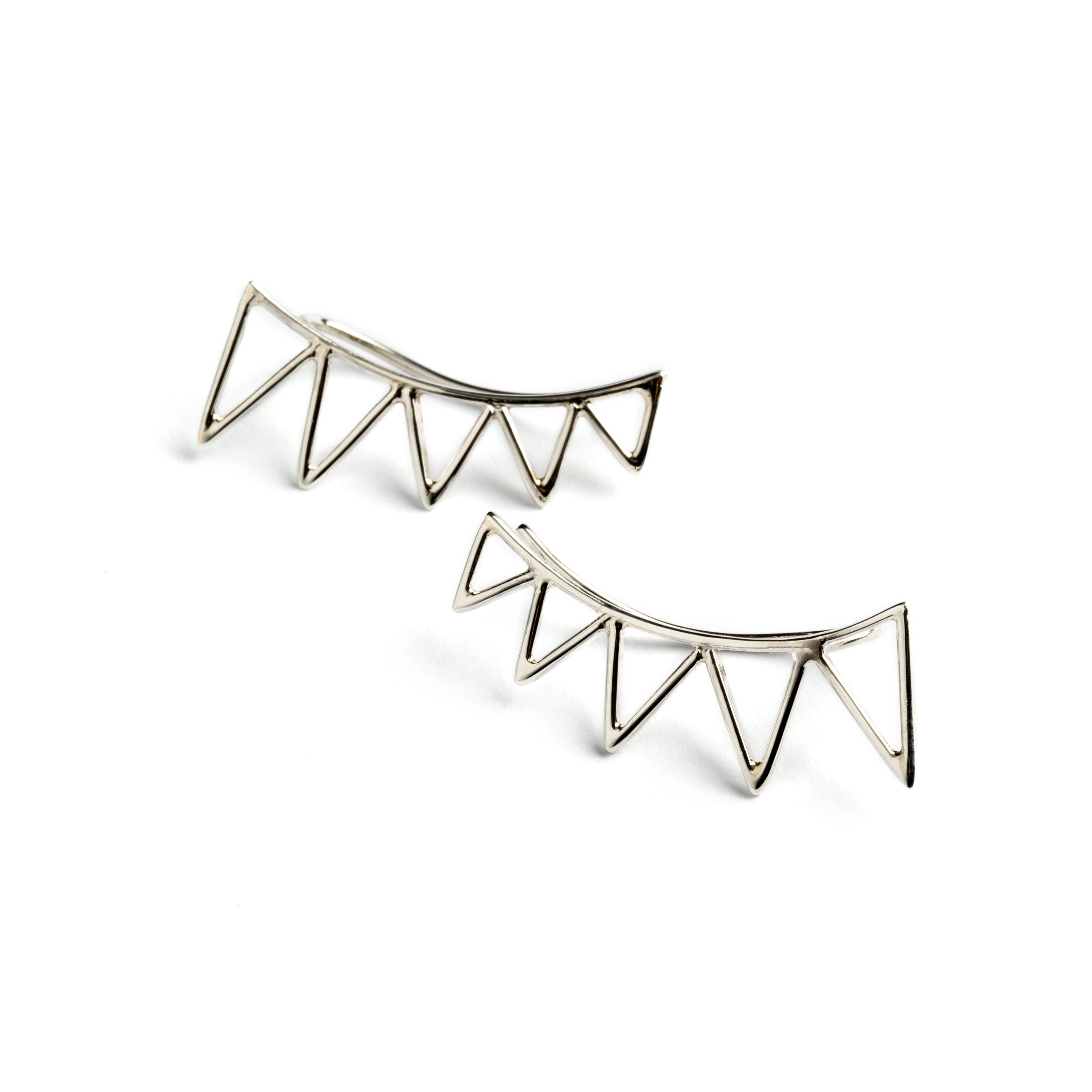 Pair of sterling silver triangles ear climbers frontal view