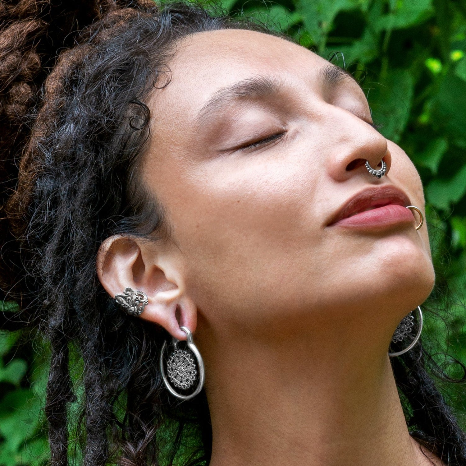 model wearing Filigree Flower Hangers