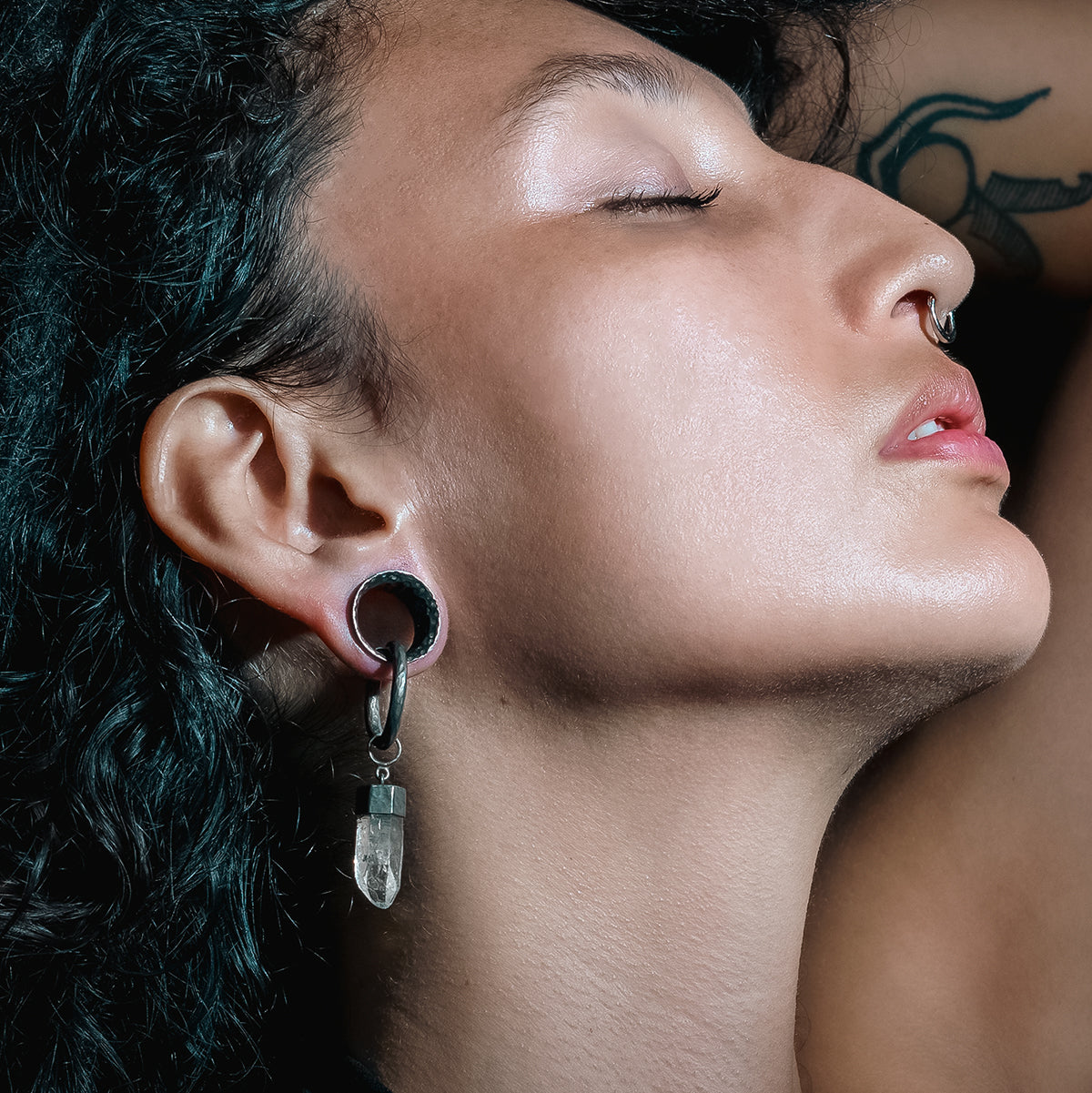 model wearing Hammered Black Silver Tunnel