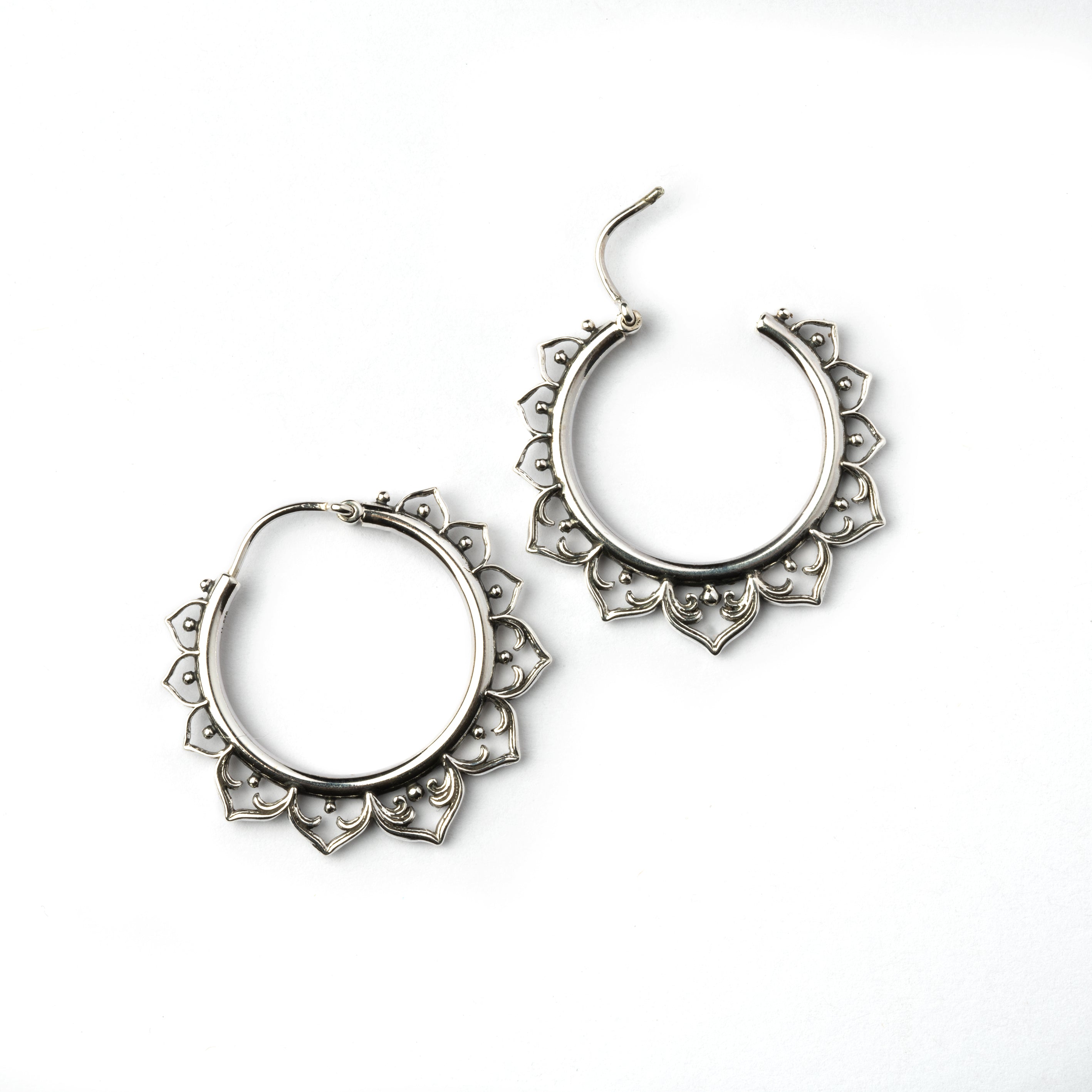 Aqua Lotus Silver Hoop earrings open closure view