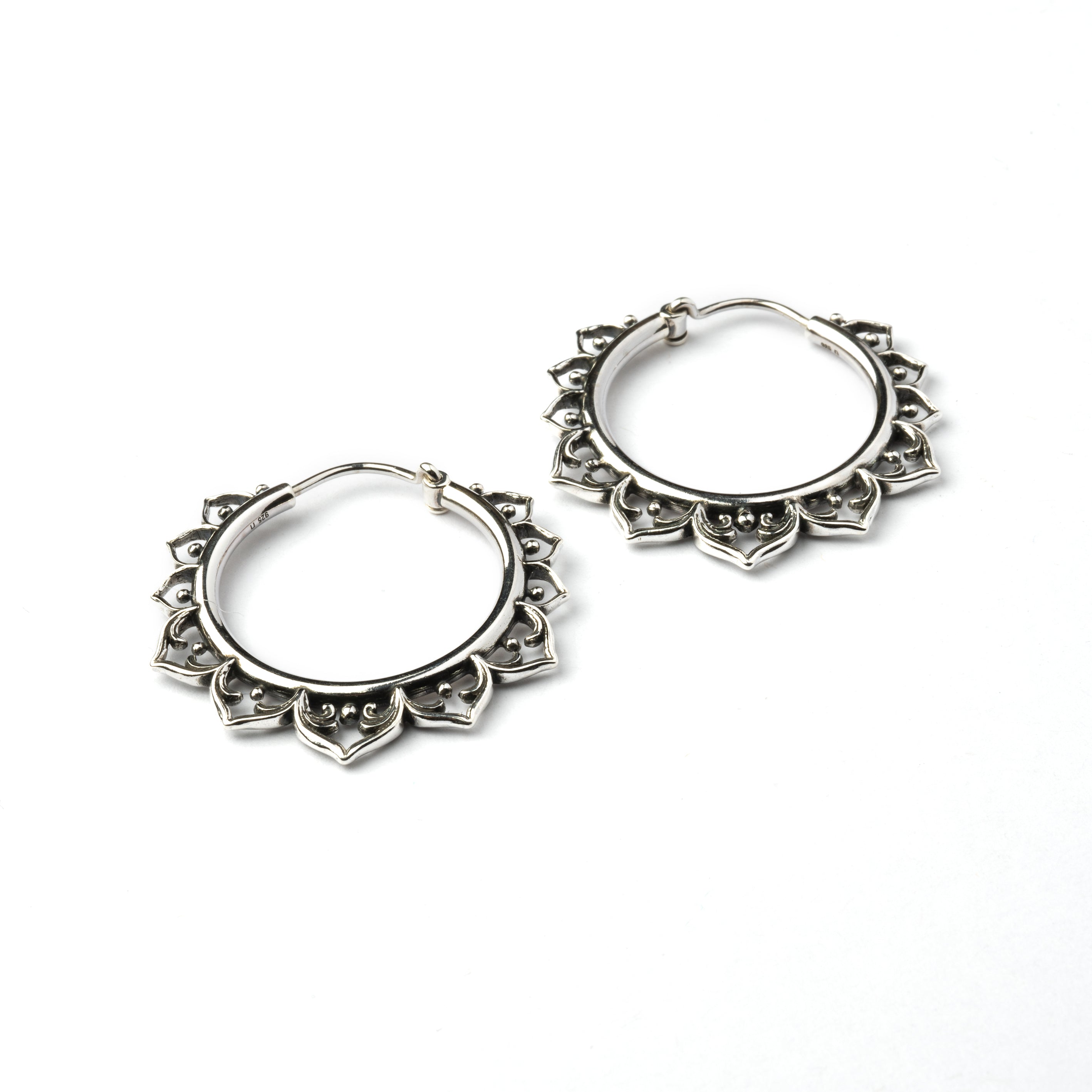 Aqua Lotus Silver Hoop earrings side view