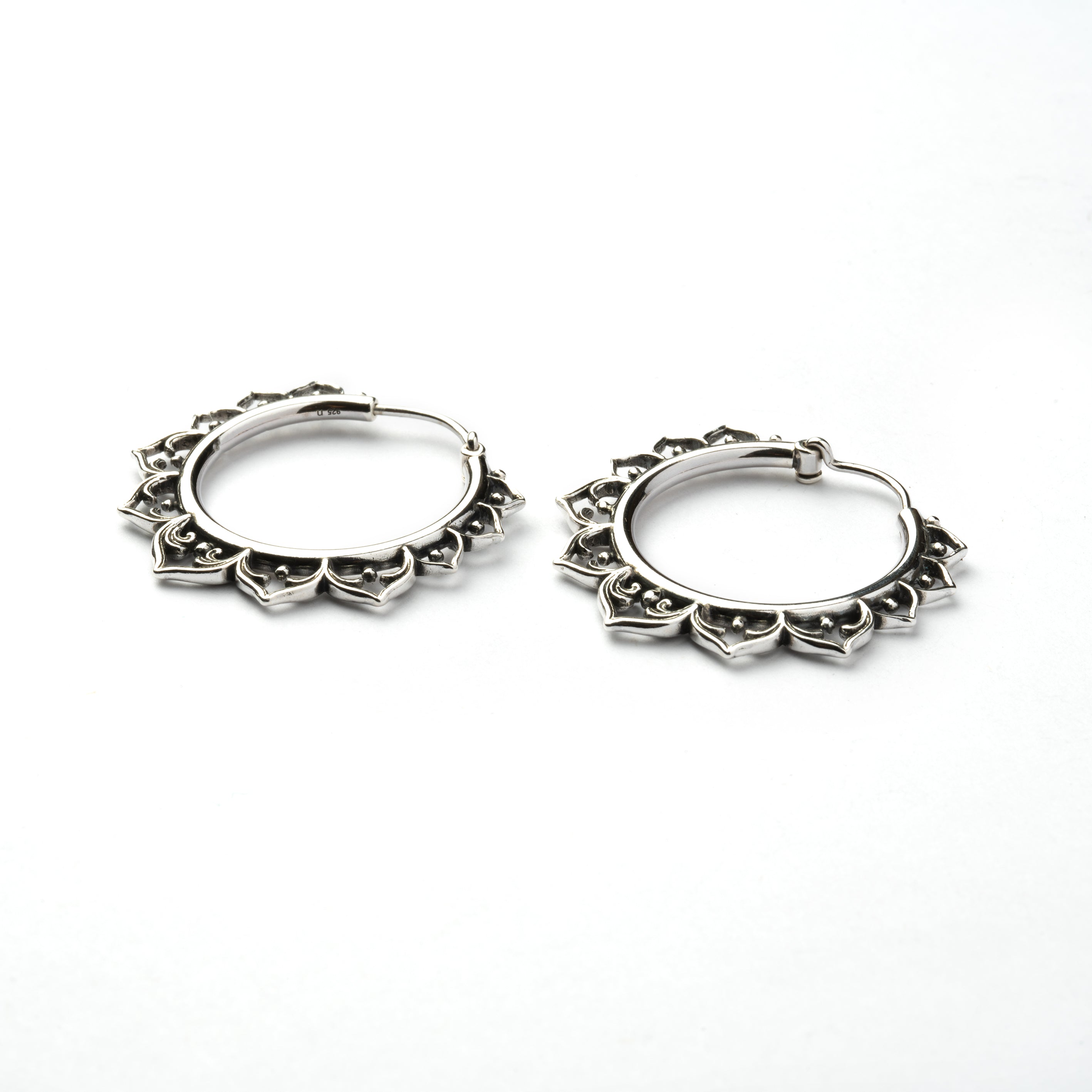 Aqua Lotus Silver Hoop earrings side close up view