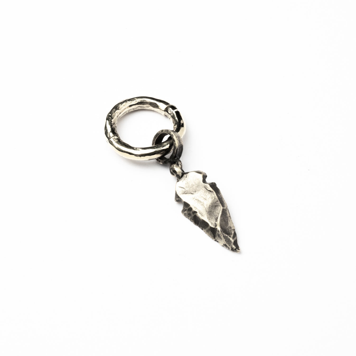 single silver hammered hoop ear weight hanger with arrowhead pendant left side view