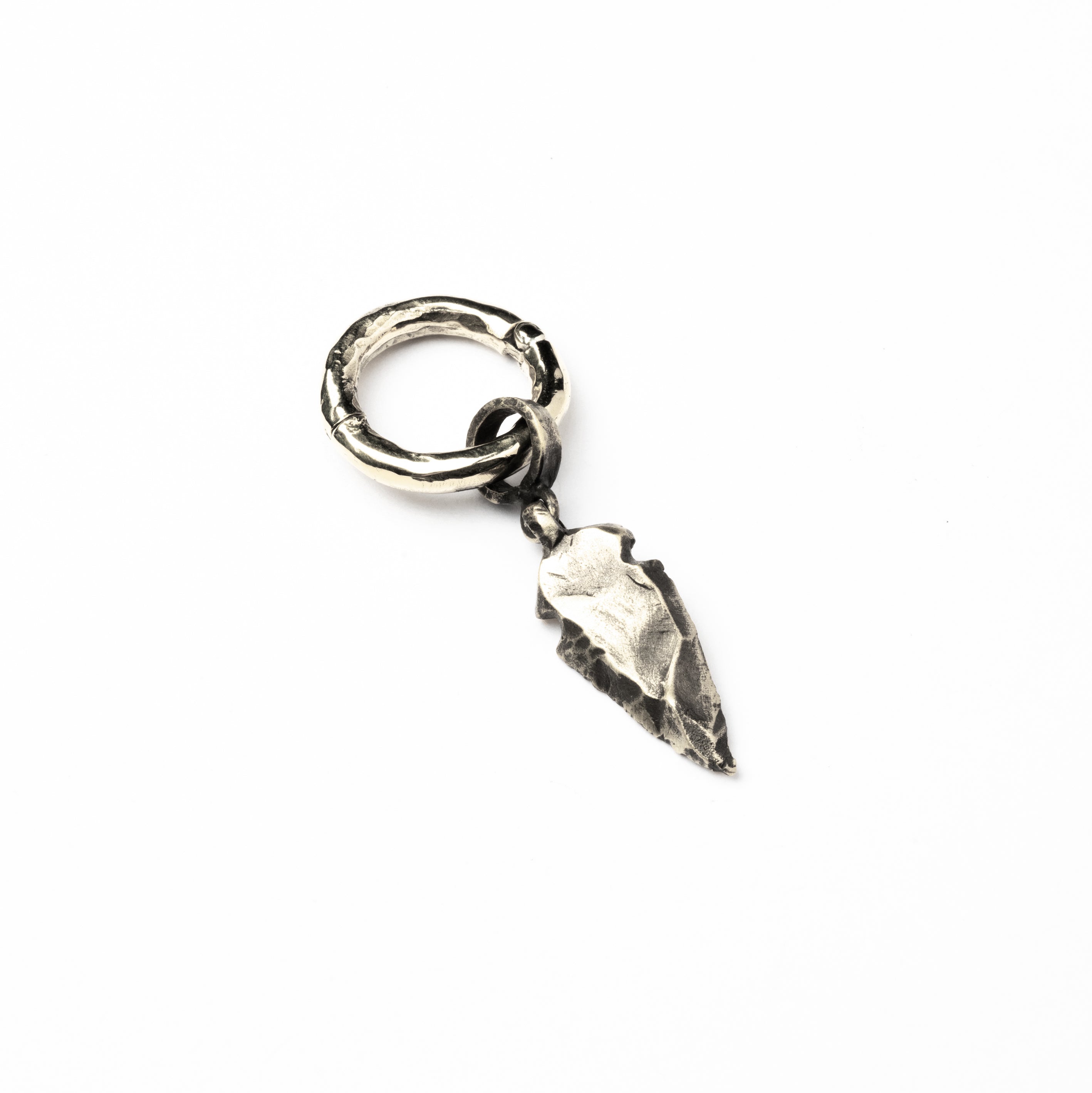 single silver hammered hoop ear weight hanger with arrowhead pendant left side view