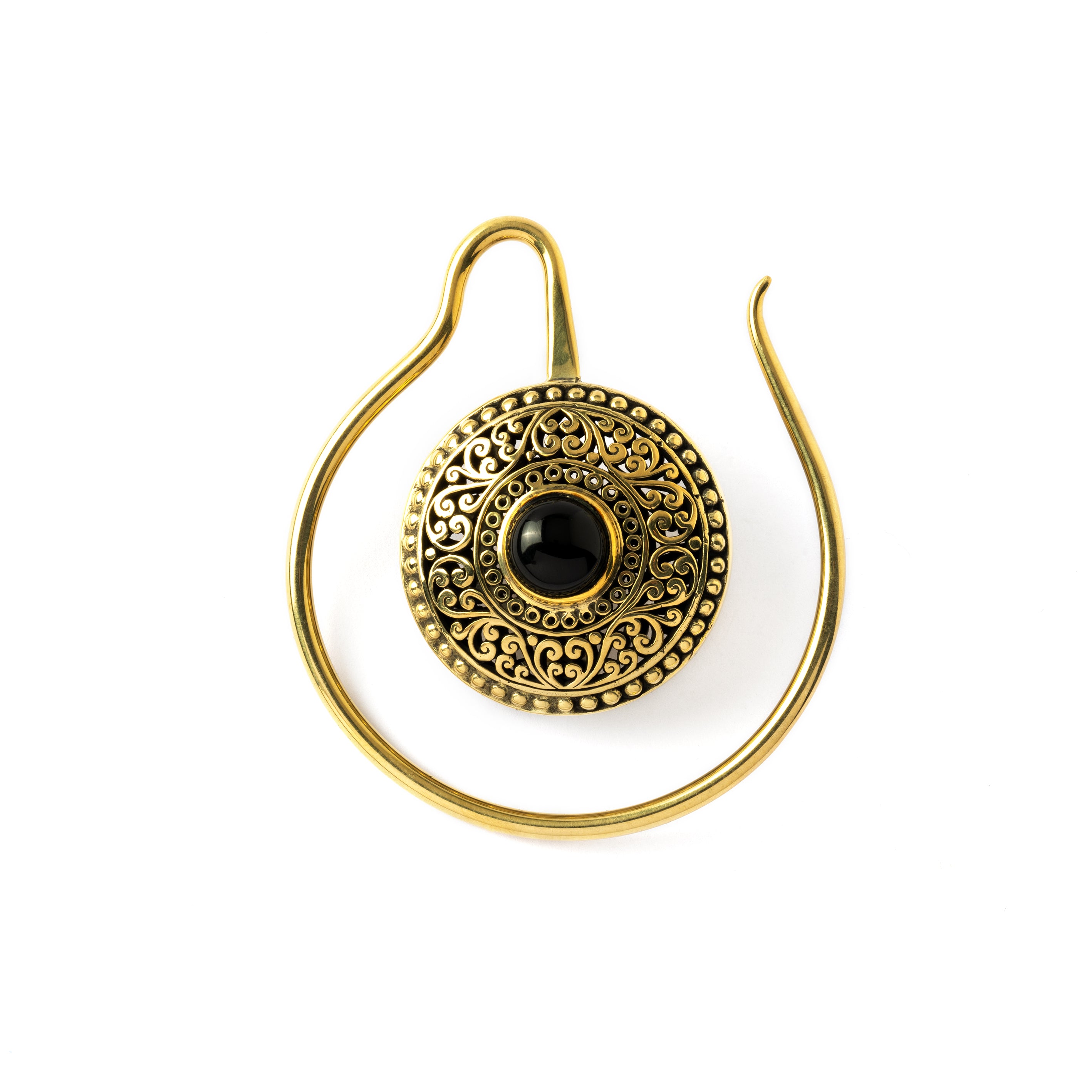 Atossa golden brass ear hanger with black Onyx frontal view