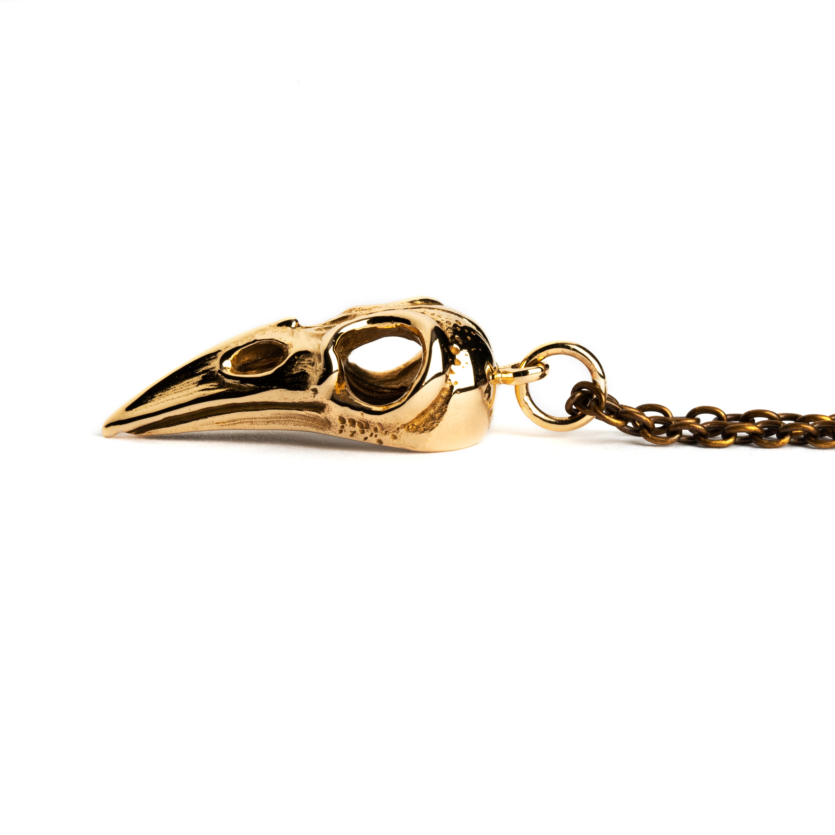 Bronze raven skull necklace side view