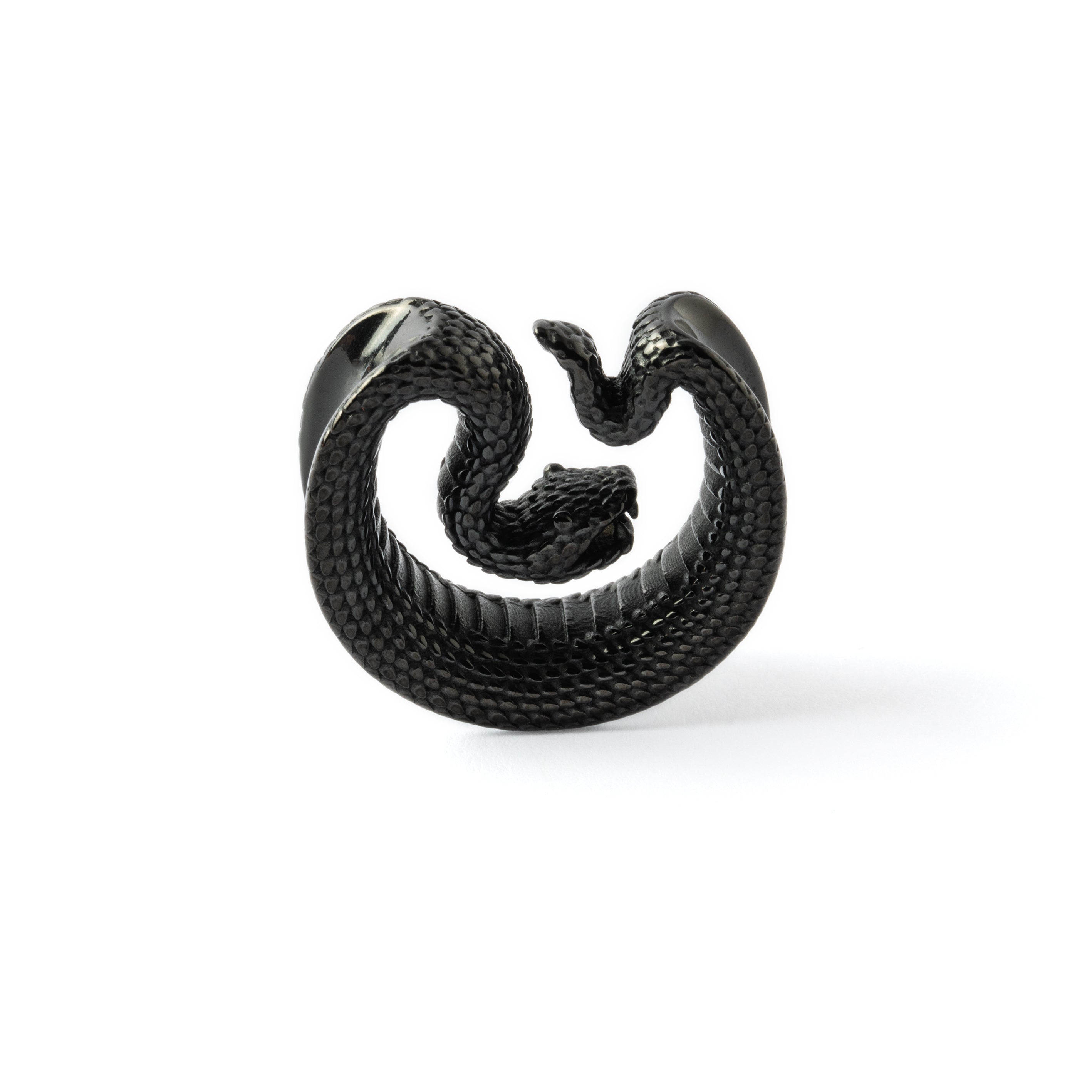 single black Python surgical steel plug tunnel frontal view