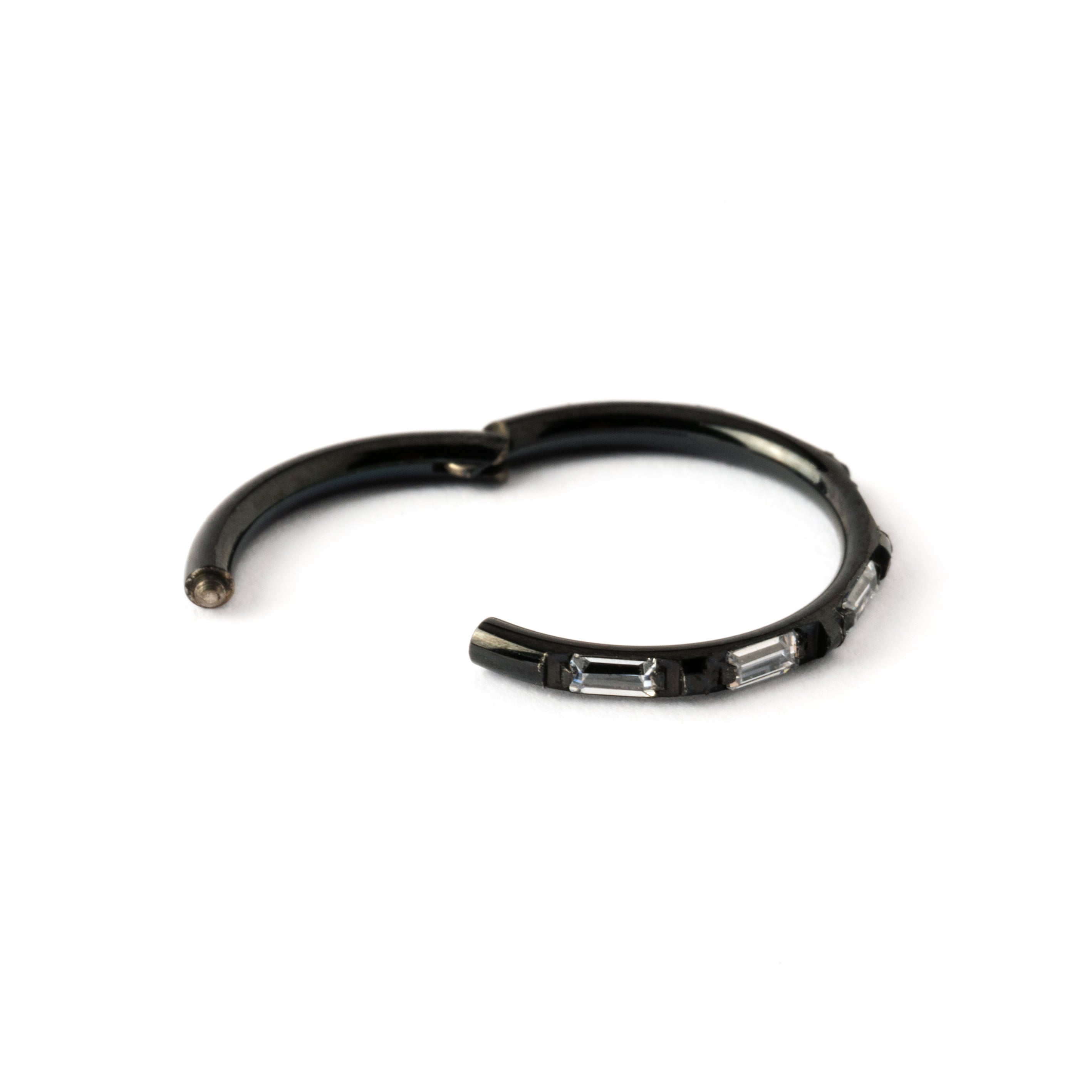 Black surgical steel with crystals clicker ring hinged segment view