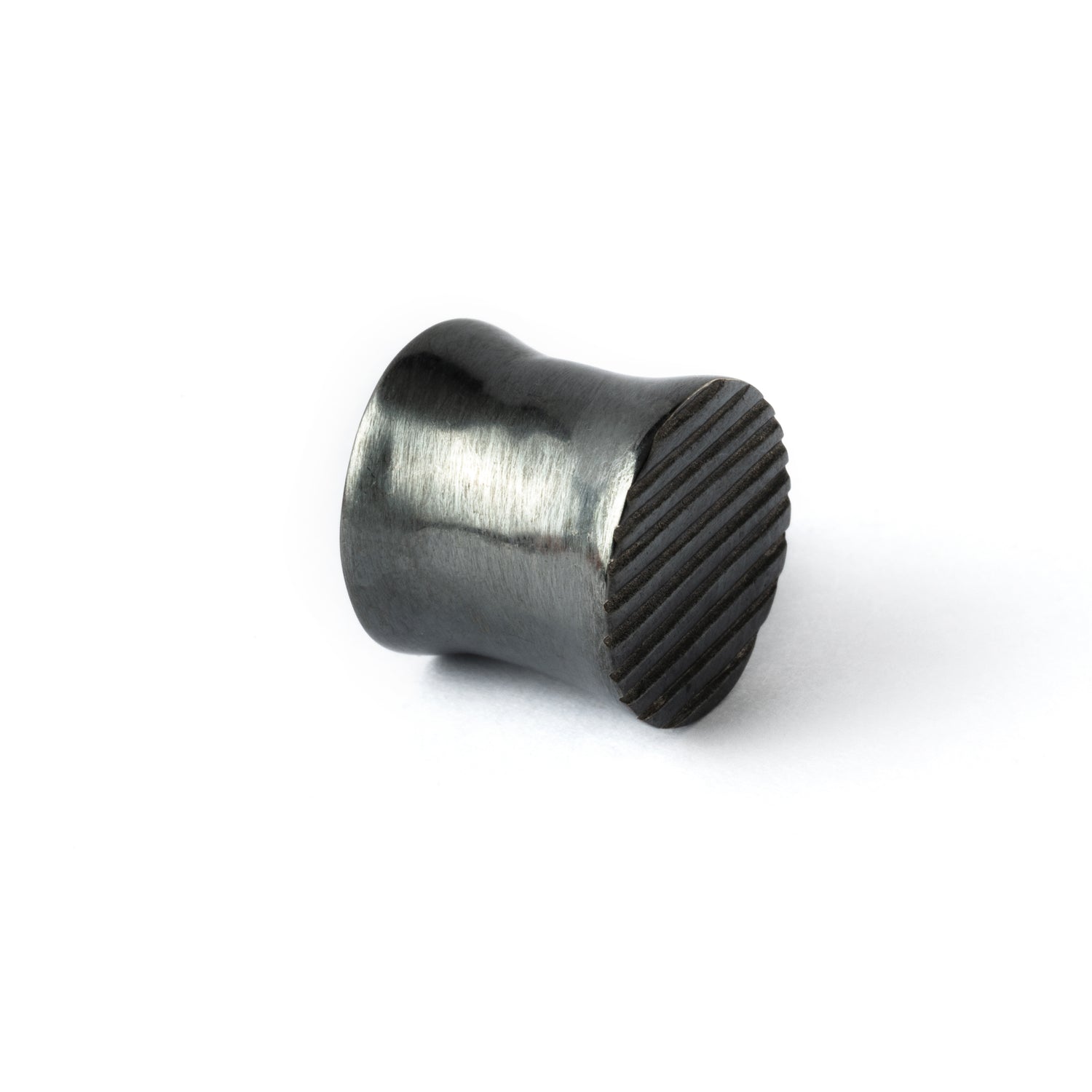 double flared black silver scratched ear plug right side view