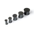 several sizes of double flared black silver scratched ear plugs side view