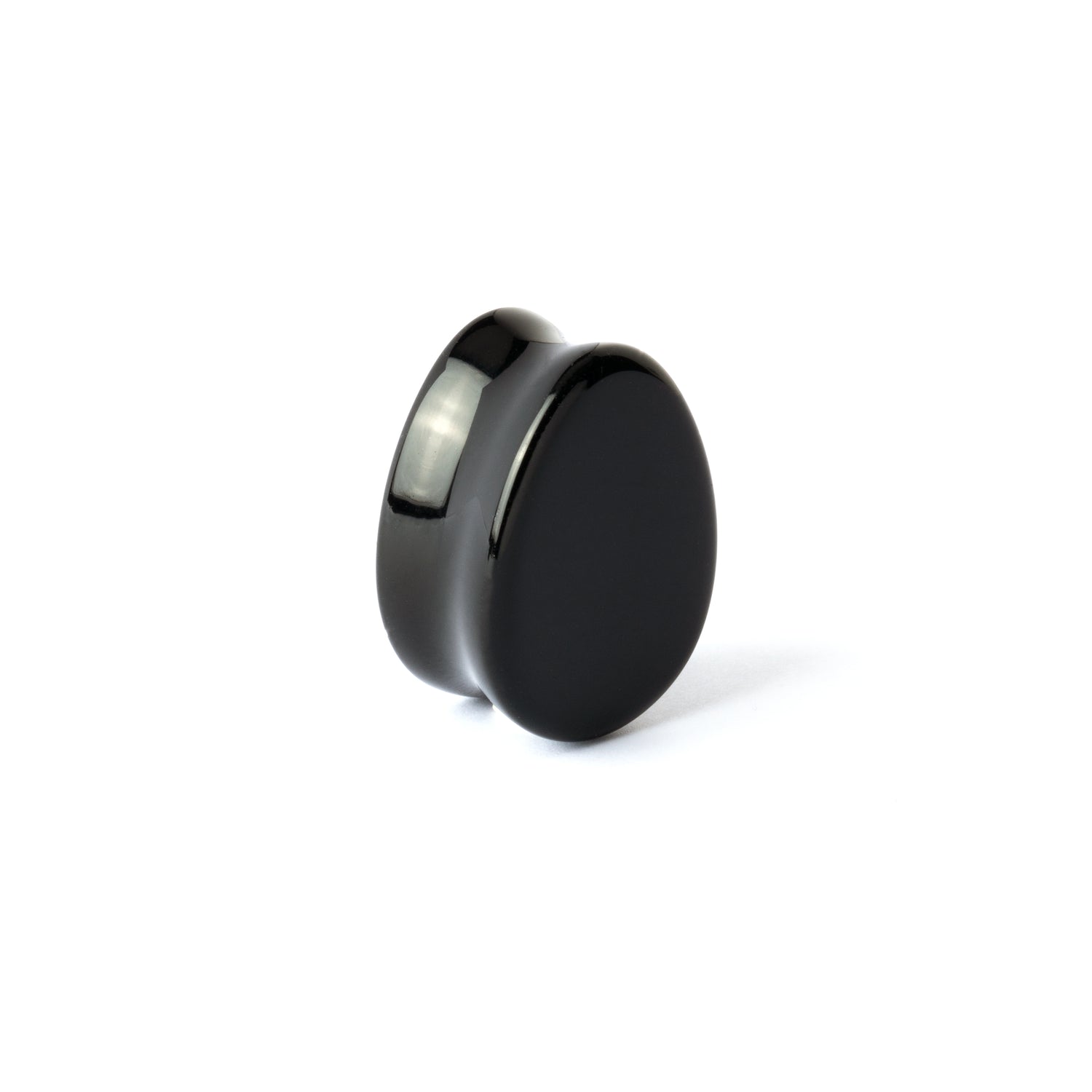 Black Agate teardrop plug with double flared ends front right side view