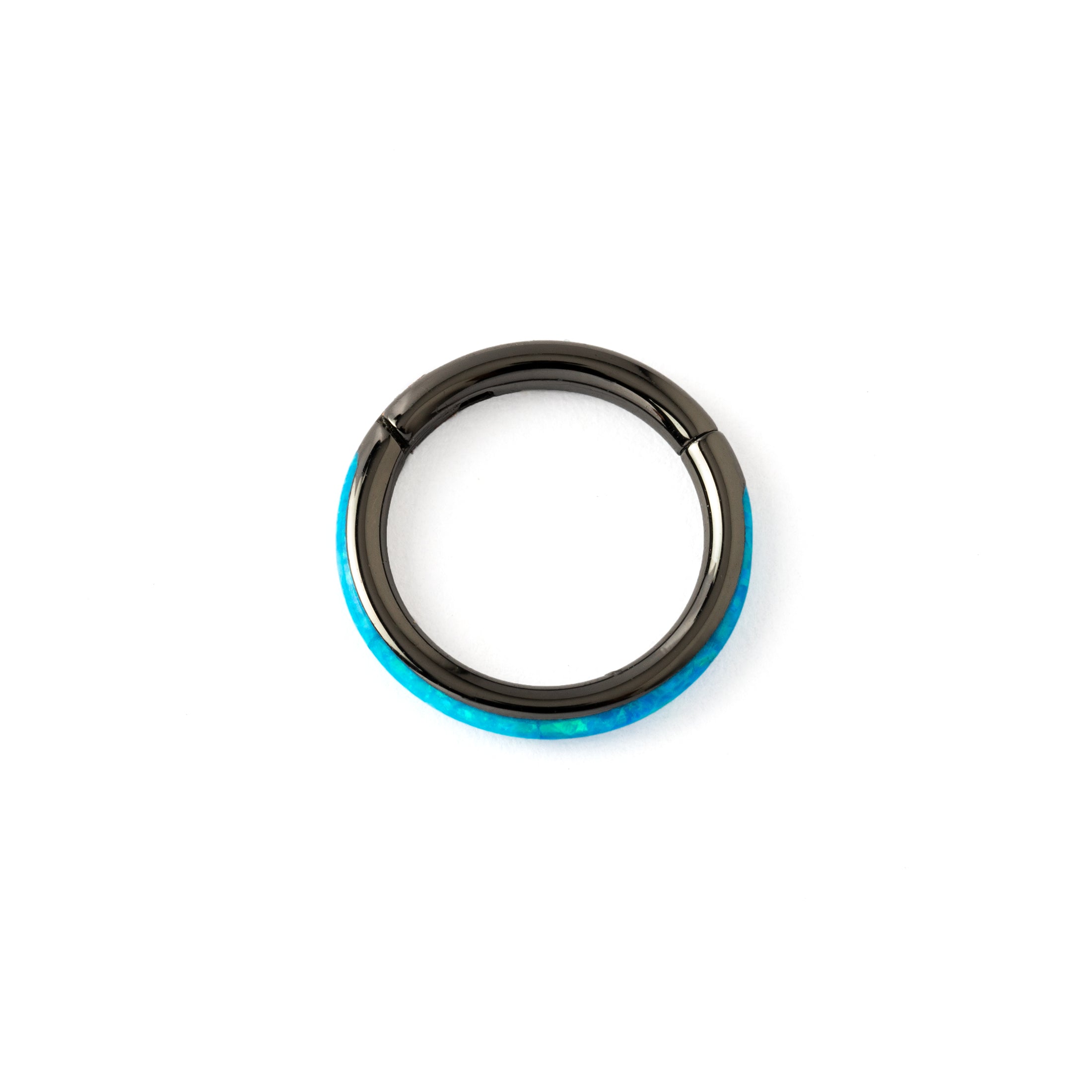 Black surgical steel Clicker Ring with Blue Opal frontal view
