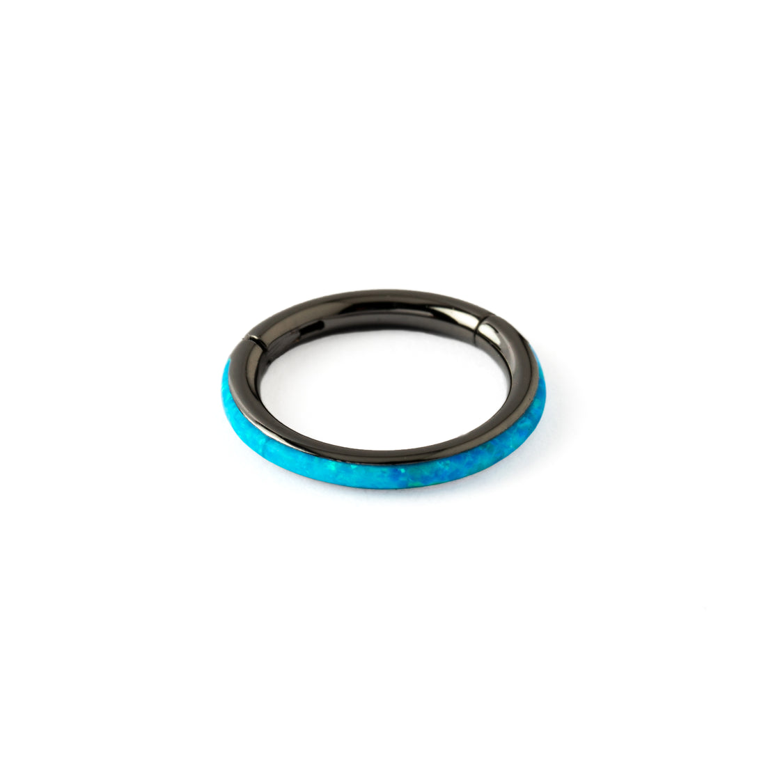 Black surgical steel Clicker Ring with Blue Opal frontal view