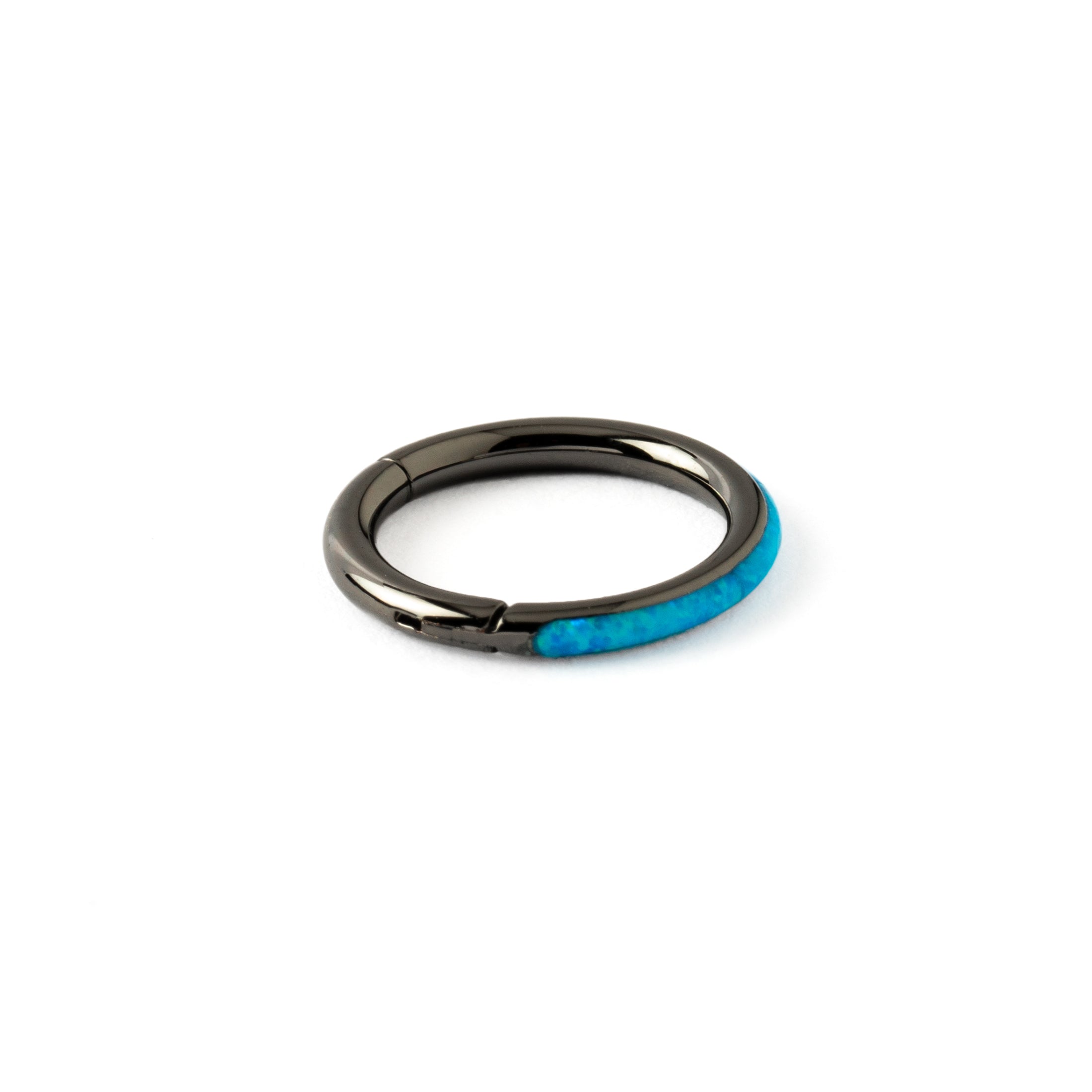 Black surgical steel Clicker Ring with Blue Opal side view