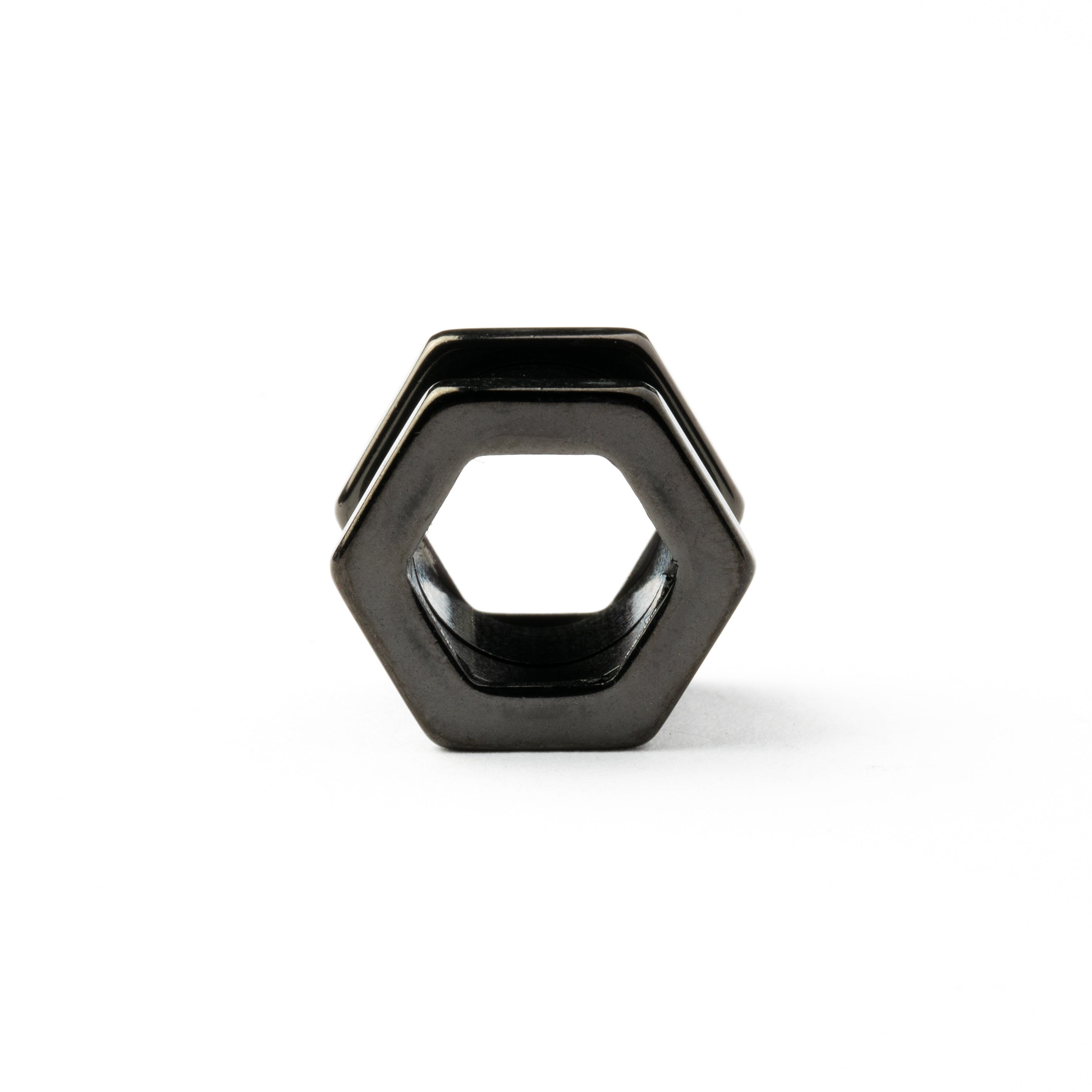 single surgical steel black hexagon ear tunnel frontal view