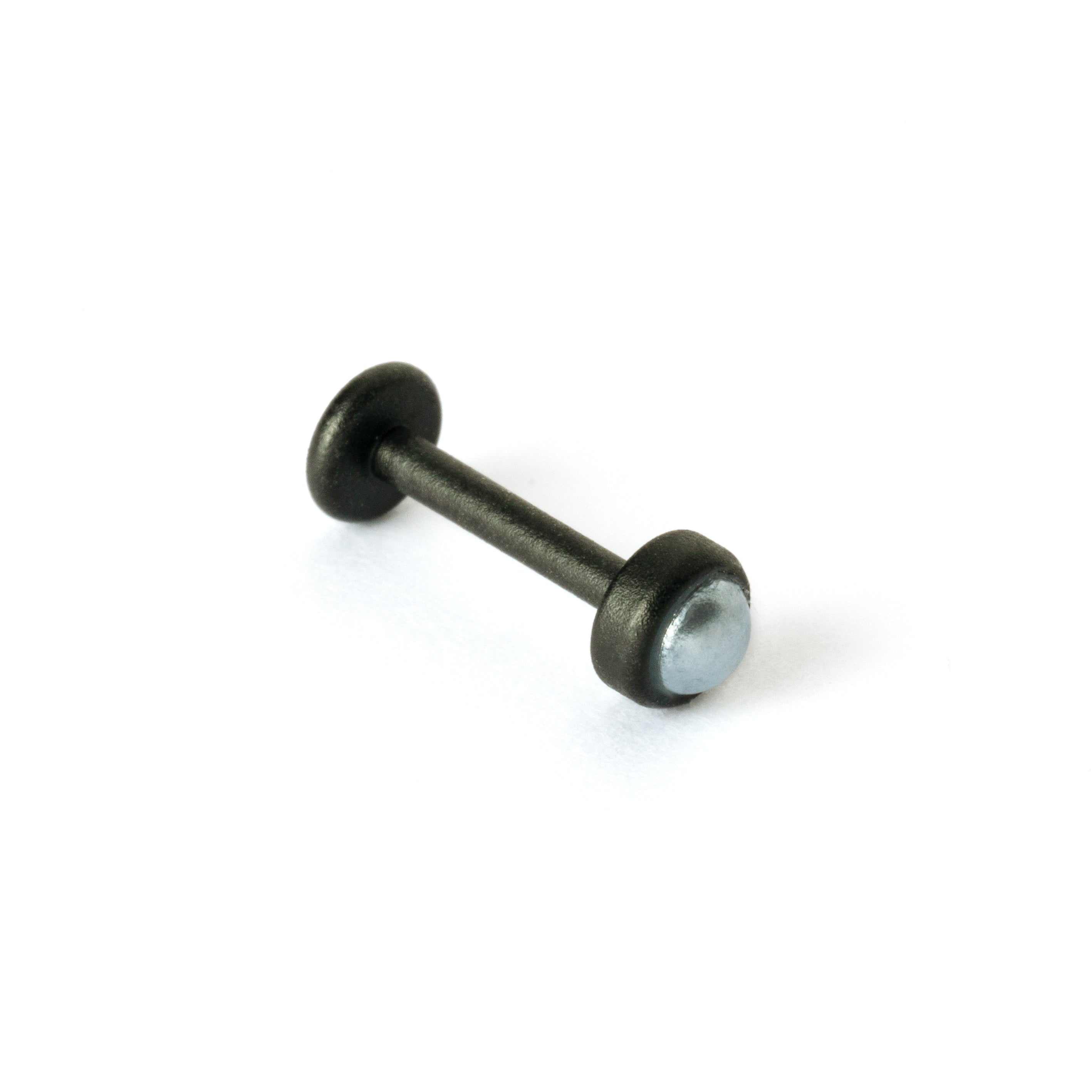 matte black surgical steel with black pearl labret stud left side view