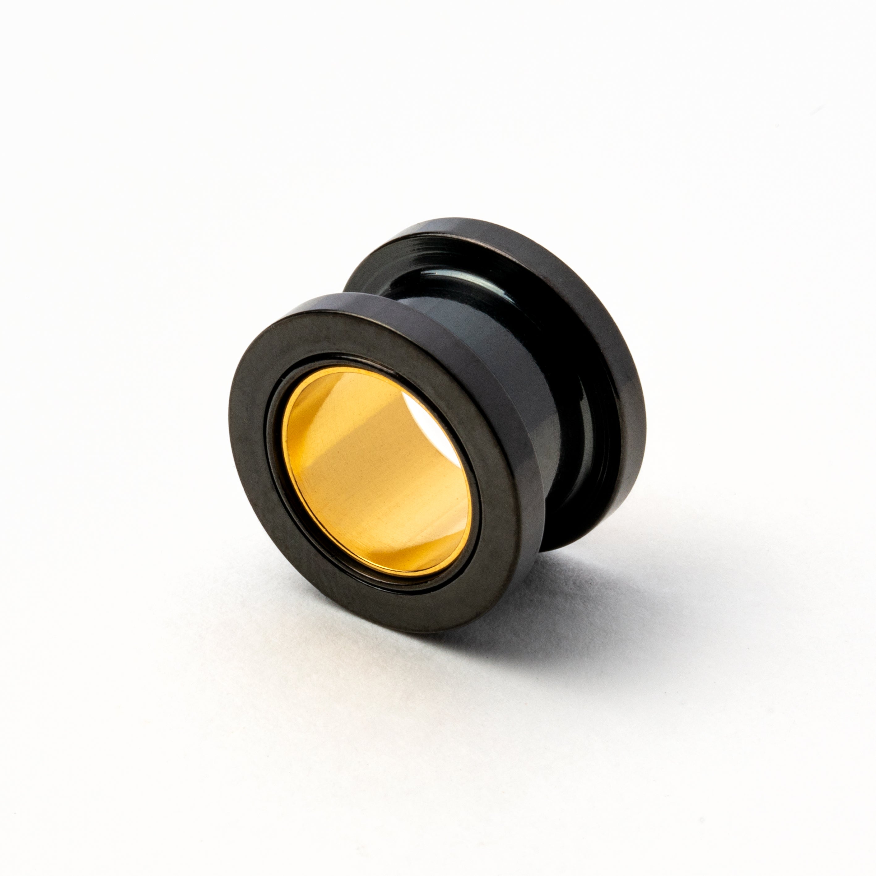 single black and gold surgical steel ear tunnel back view