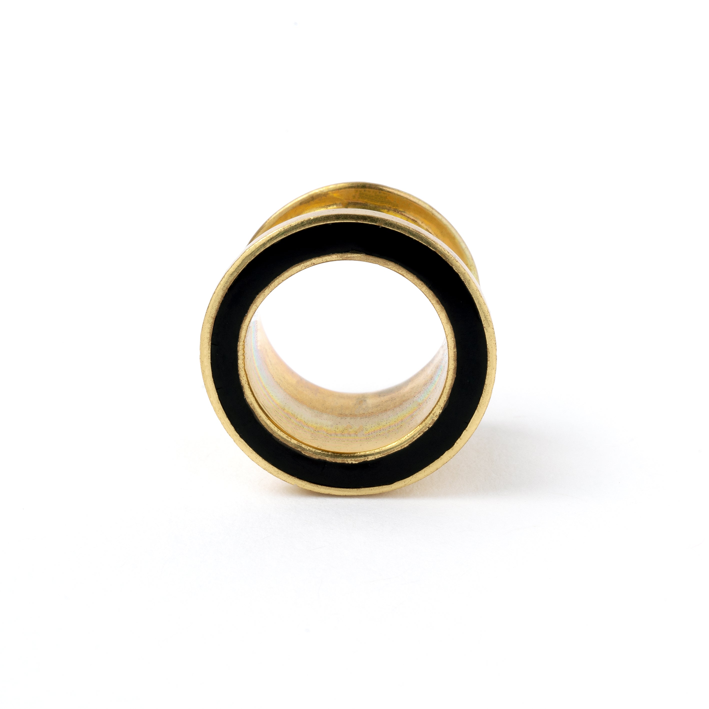 Golden brass plug tunnel with black resin inlay frontal view