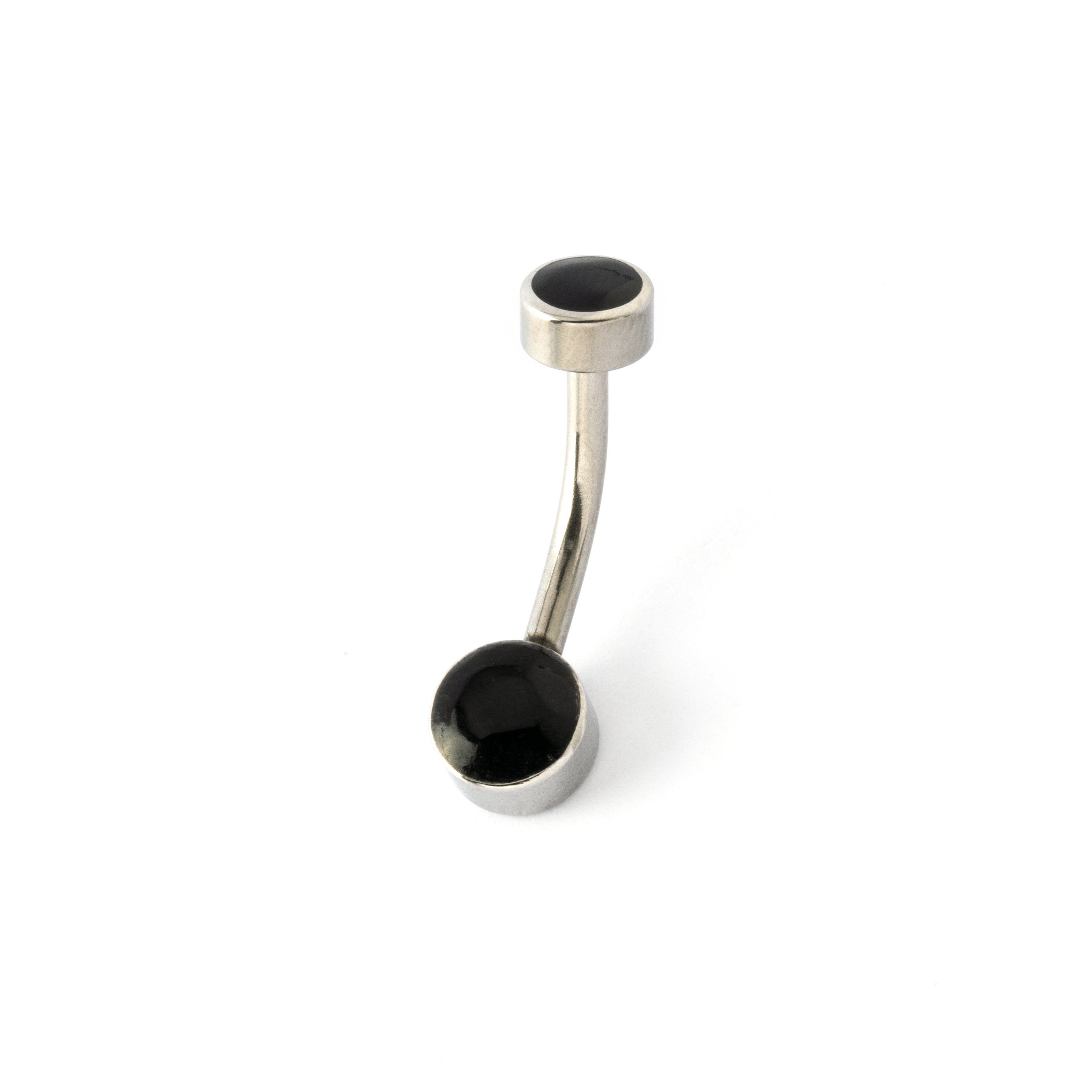 surgical steel navel bar with two black shell discs on the top and the bottom