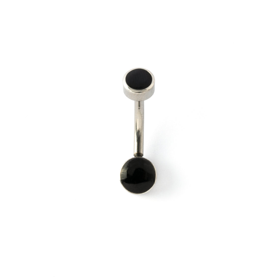 surgical steel navel bar with two black shell discs on the top and the bottom front view
