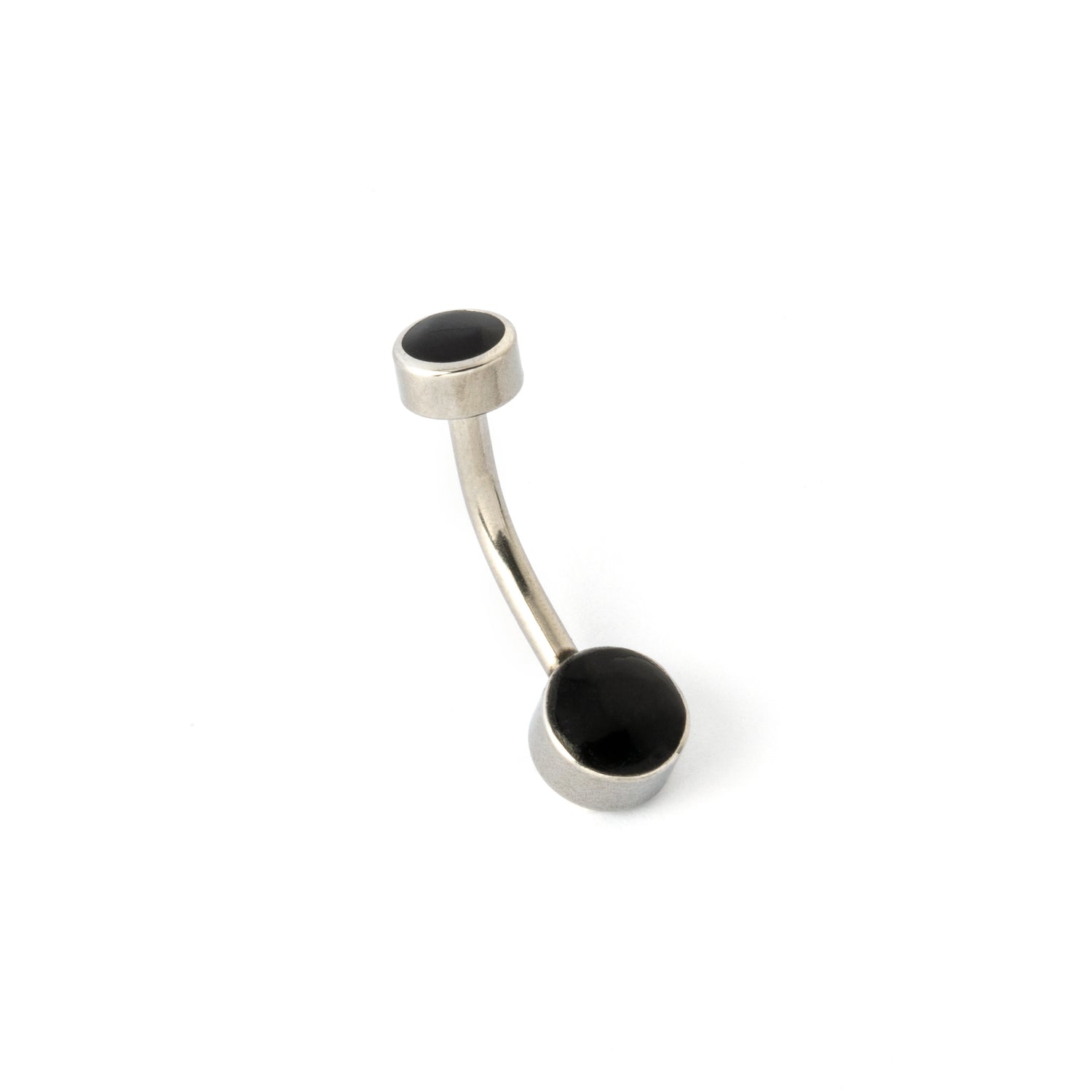 surgical steel navel bar with two black shell discs on the top and the bottom side view