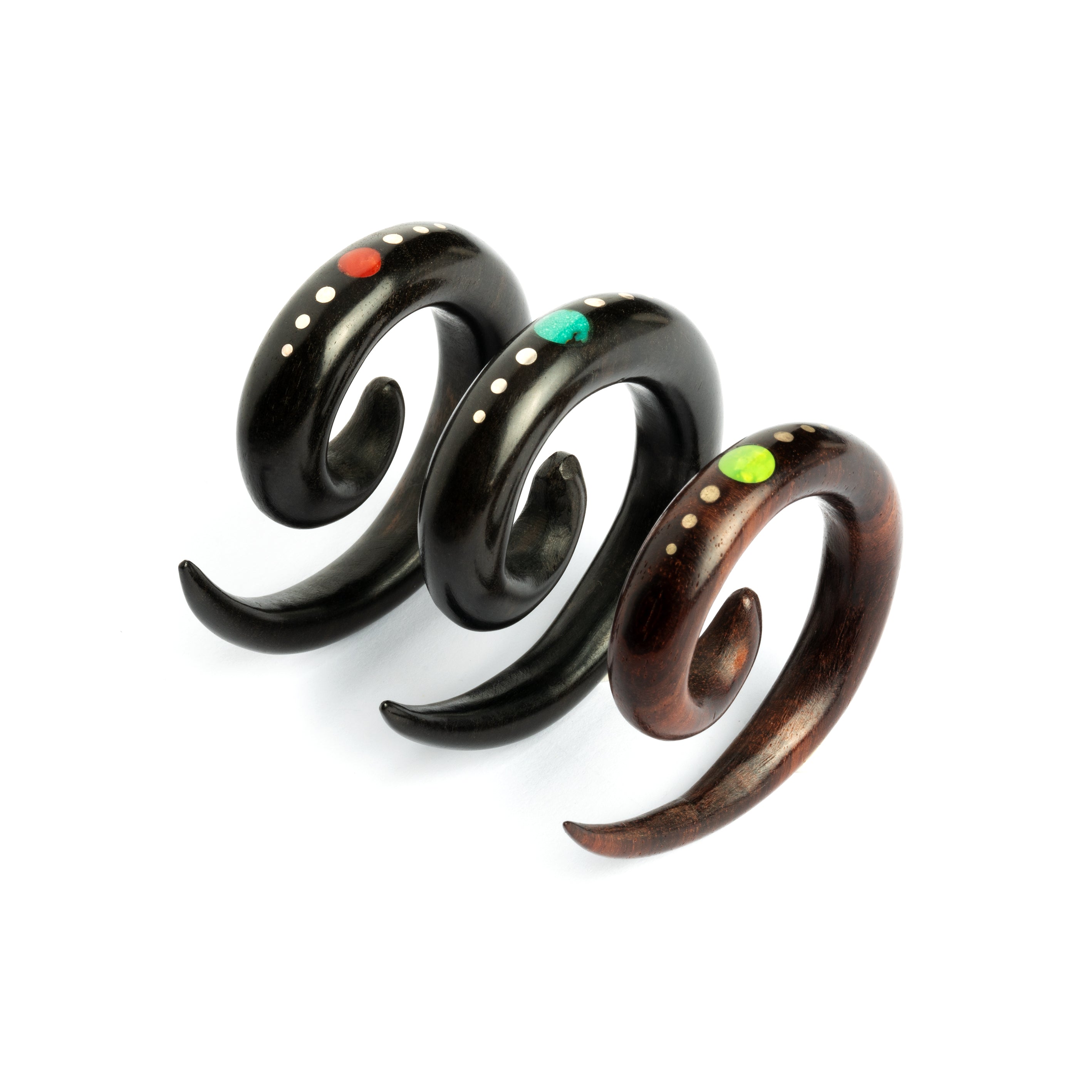 Blackwood Spiral Ear Stretcher with Silver and Stone Inlays