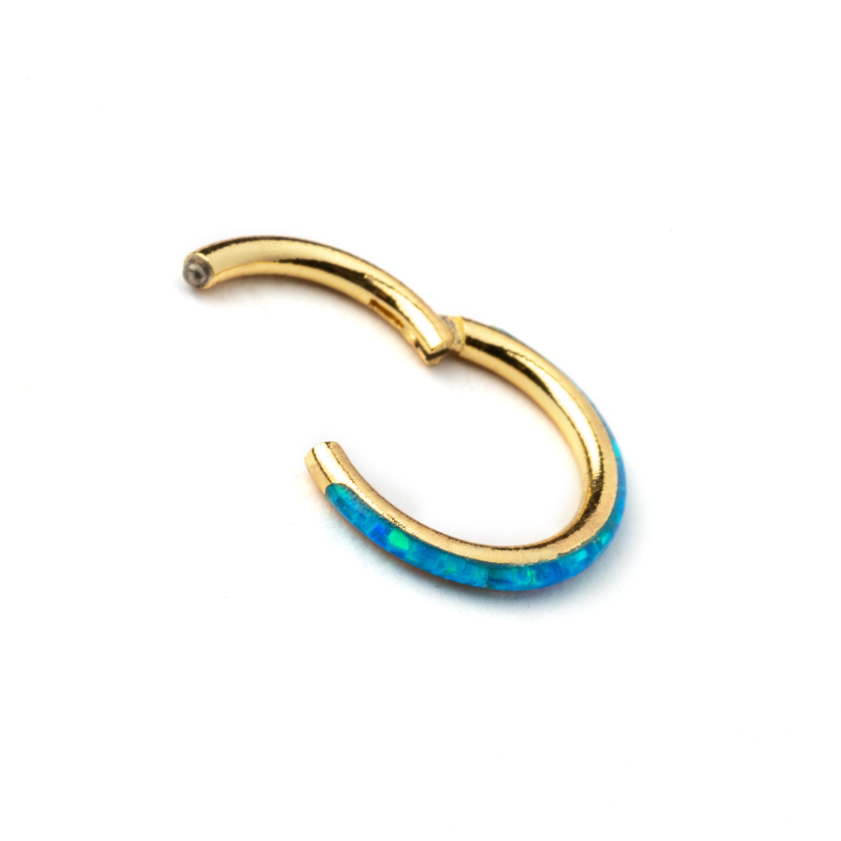 Gold surgical steel septum clicker ring with blue opal inlay closure view