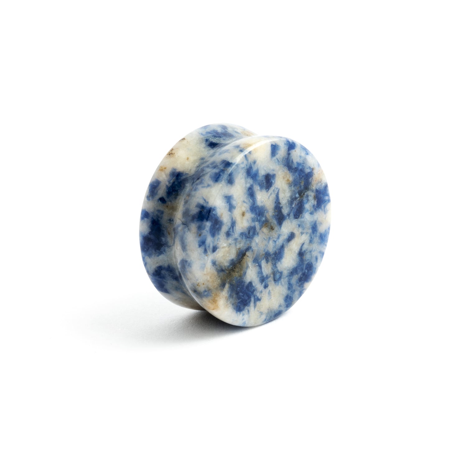 single double flare Blue Spot Obsidian stone ear plug right front view